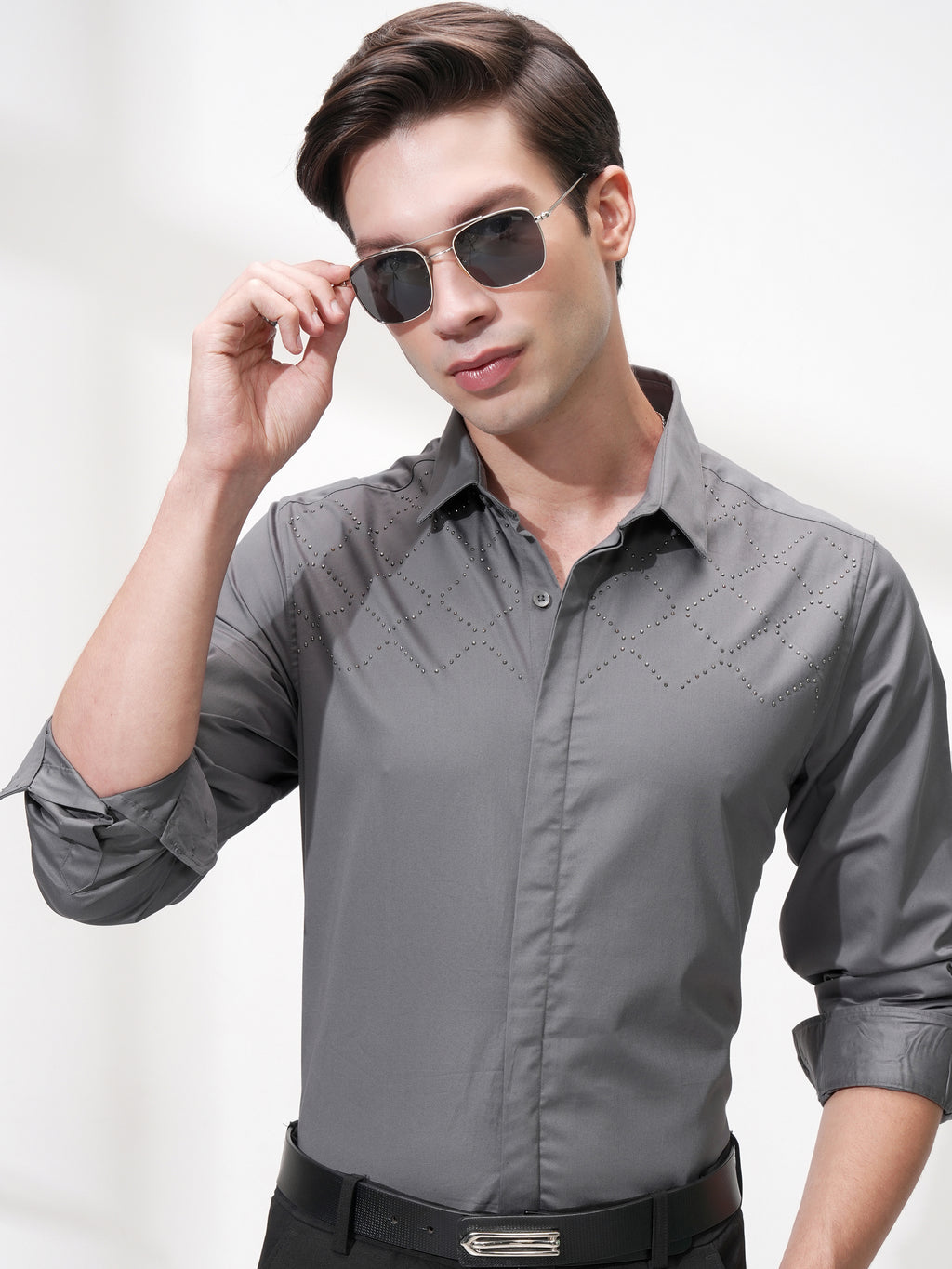 Highlander Men Grey Self Design Slim Fit Casual Shirt - Grey - Image 1