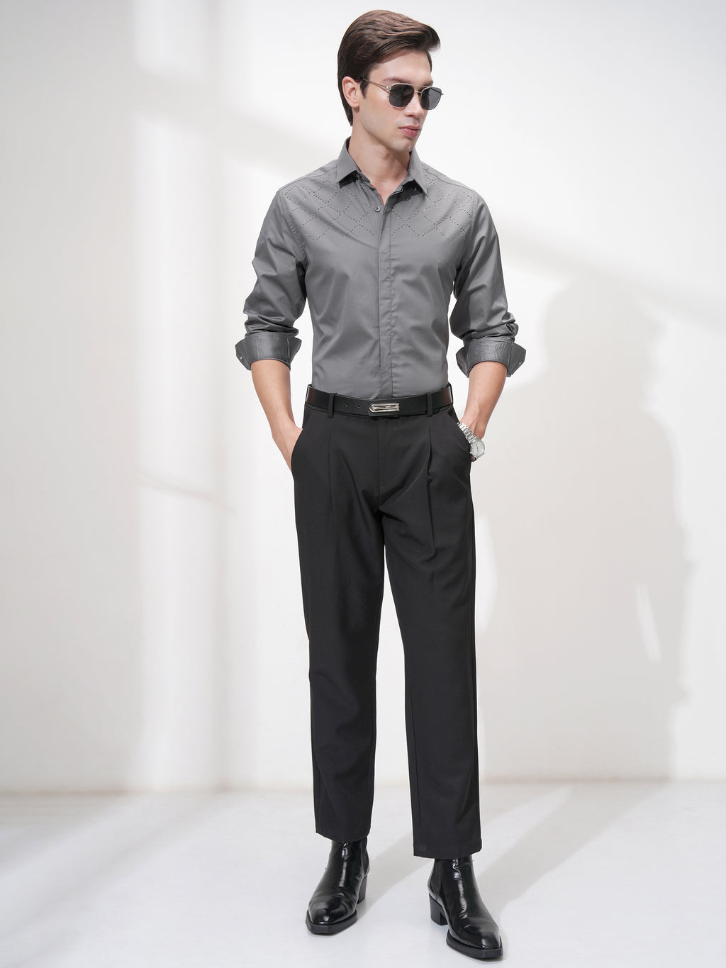 Highlander Men Grey Self Design Slim Fit Casual Shirt - Grey - Image 2