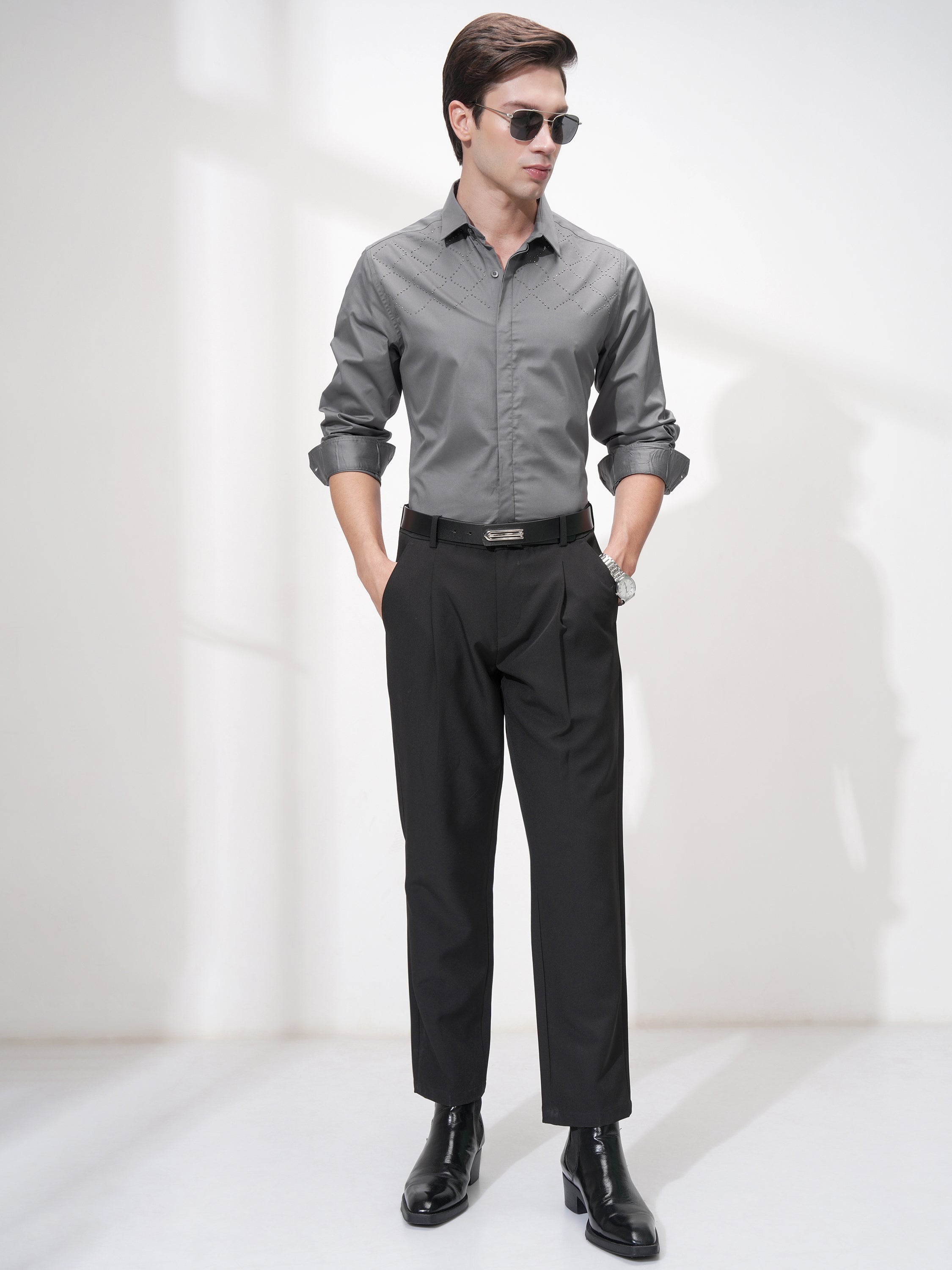 Highlander Men Grey Self Design Slim Fit Casual Shirt - Grey - Image 2