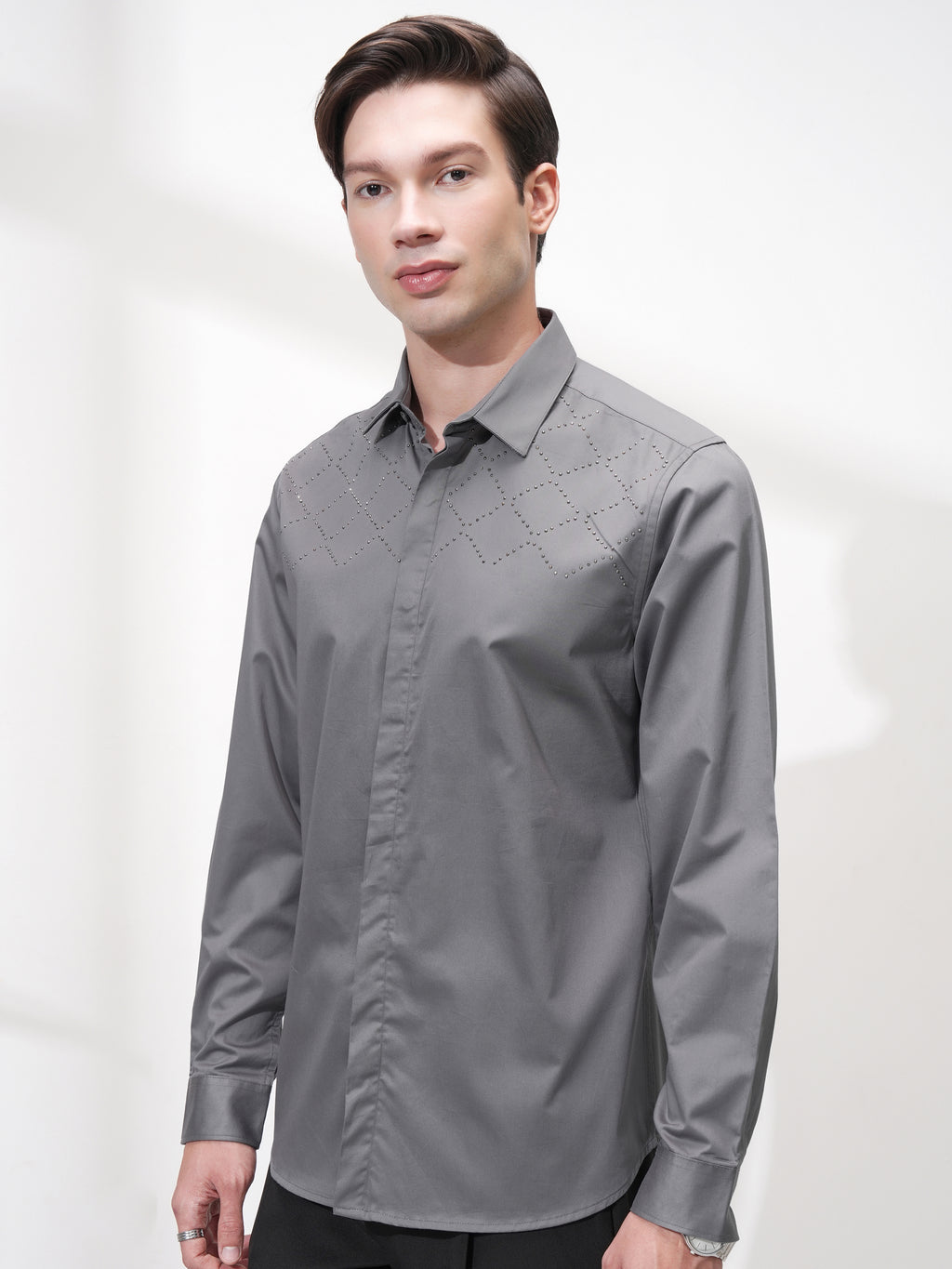 Highlander Men Grey Self Design Slim Fit Casual Shirt - Grey - Image 4