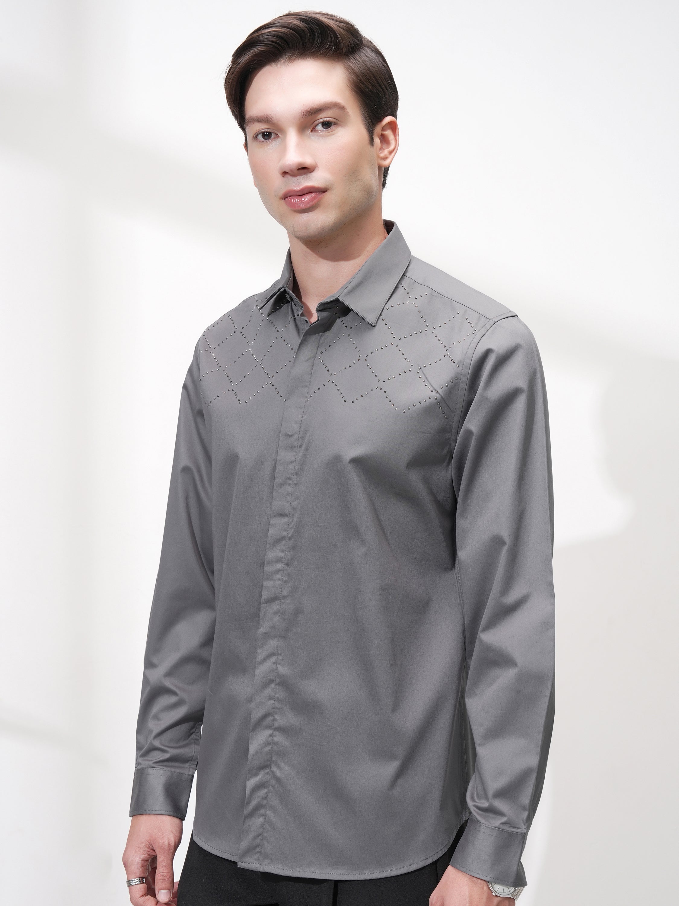 Highlander Men Grey Self Design Slim Fit Casual Shirt - Grey - Image 4