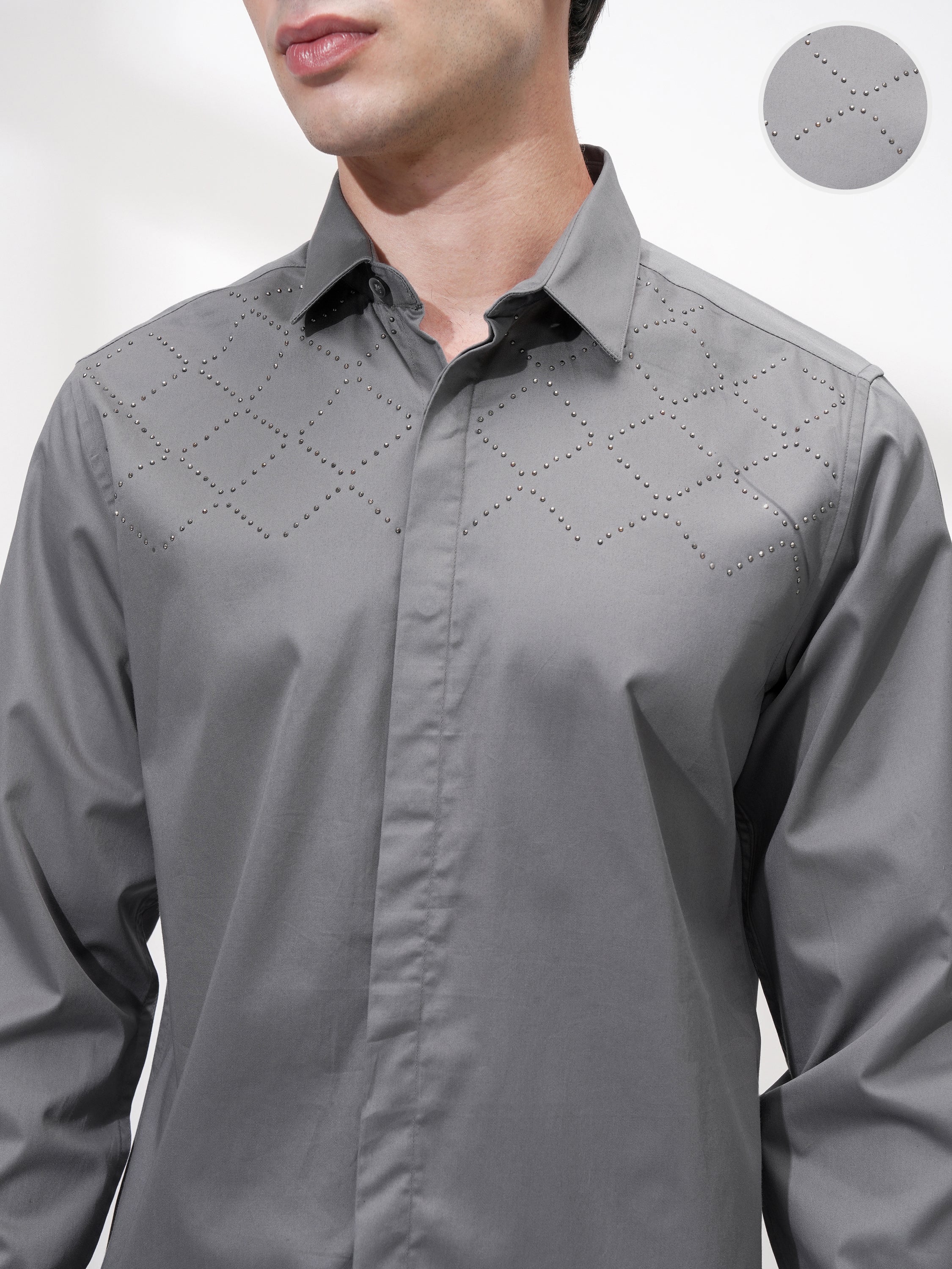 Highlander Men Grey Self Design Slim Fit Casual Shirt - Grey - Image 5