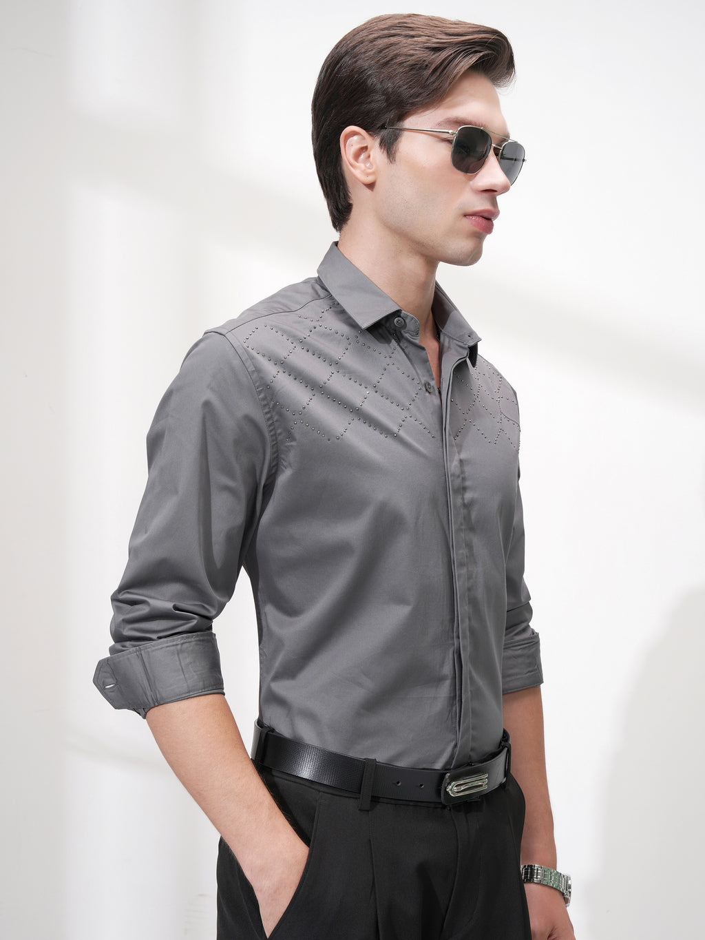 Highlander Men Grey Self Design Slim Fit Casual Shirt - Grey - Image 6