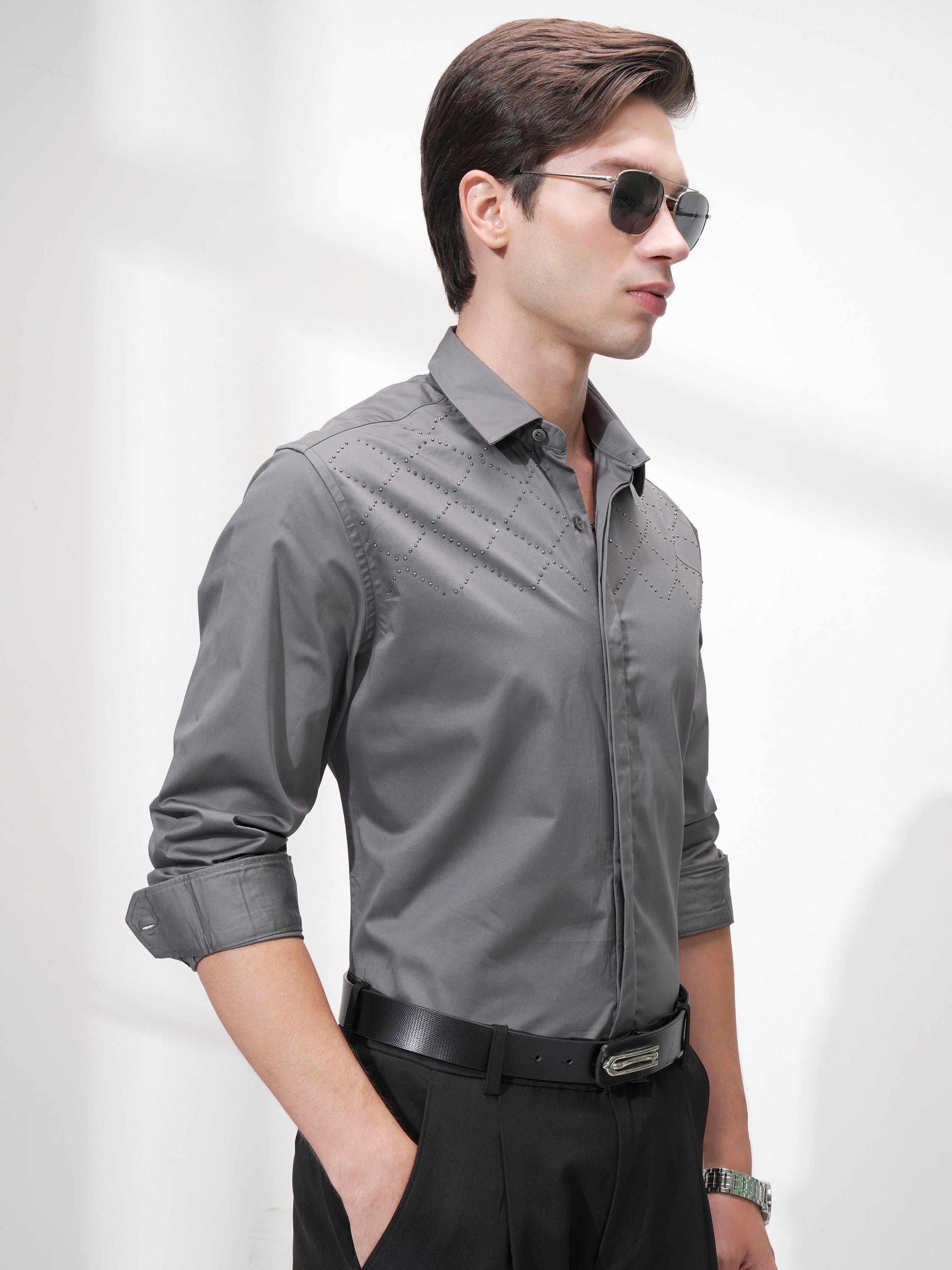 Highlander Men Grey Self Design Slim Fit Casual Shirt - Grey - Image 6