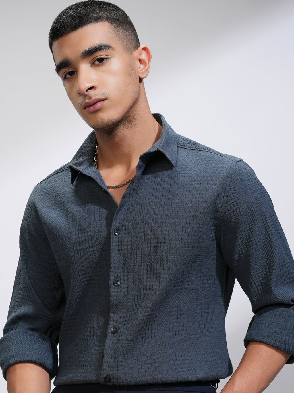 Highlander Men Blue Textured Slim Fit Casual Shirt - Blue - Image 1