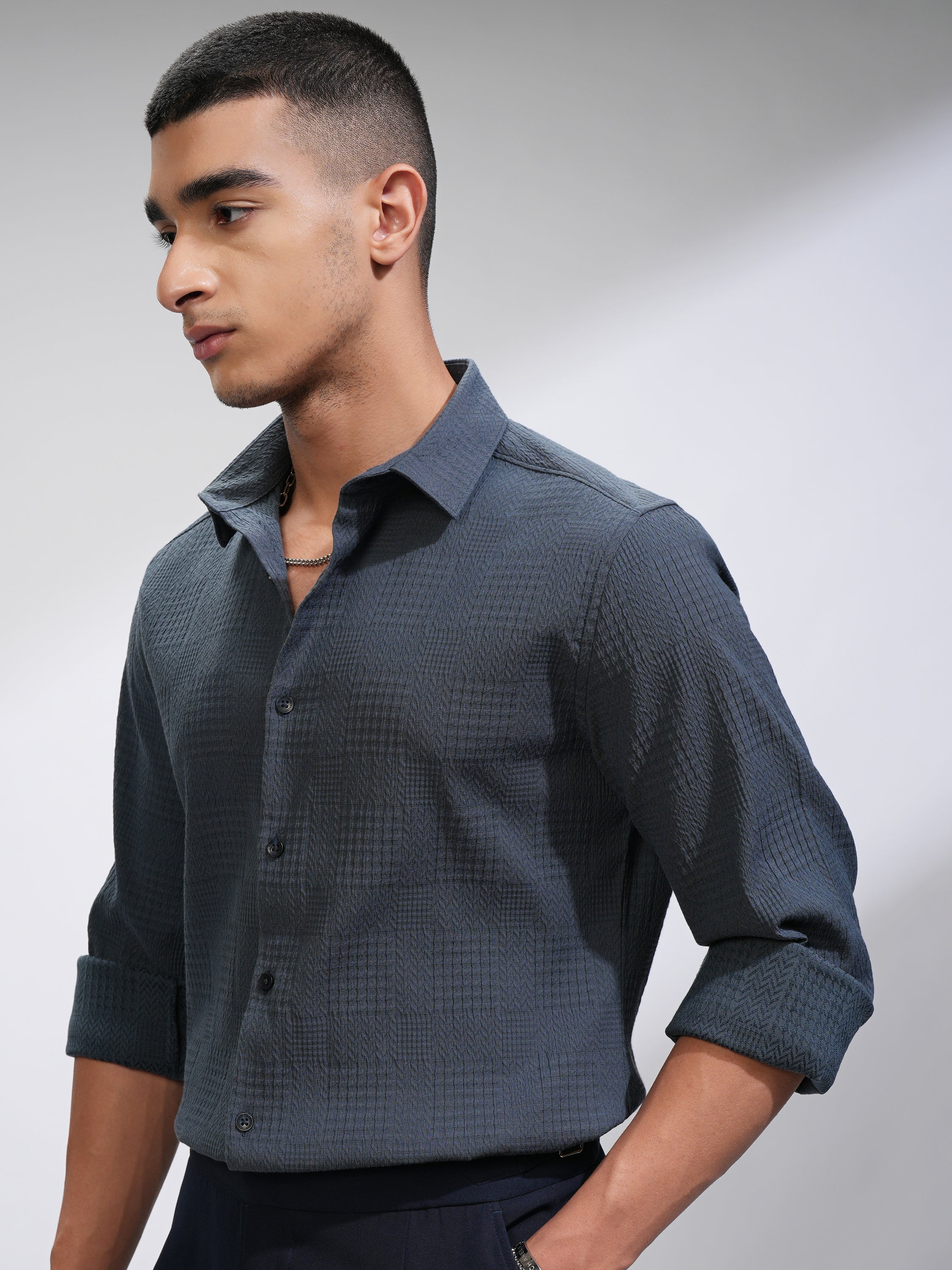 Highlander Men Blue Textured Slim Fit Casual Shirt - Blue - Image 4