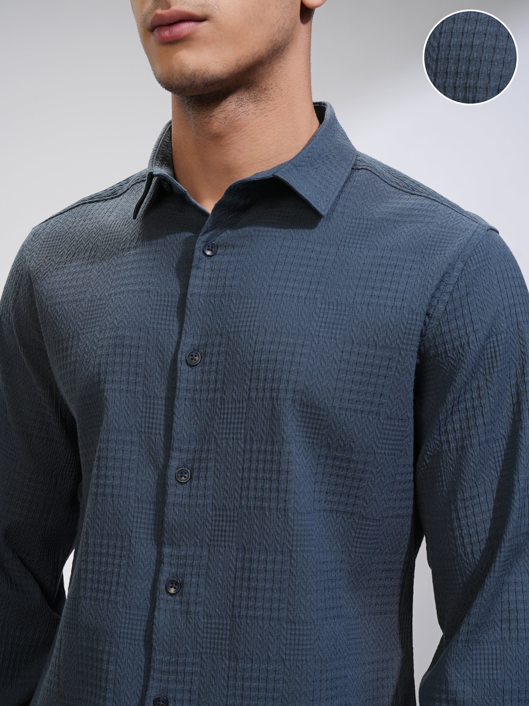 Highlander Men Blue Textured Slim Fit Casual Shirt - Blue - Image 5