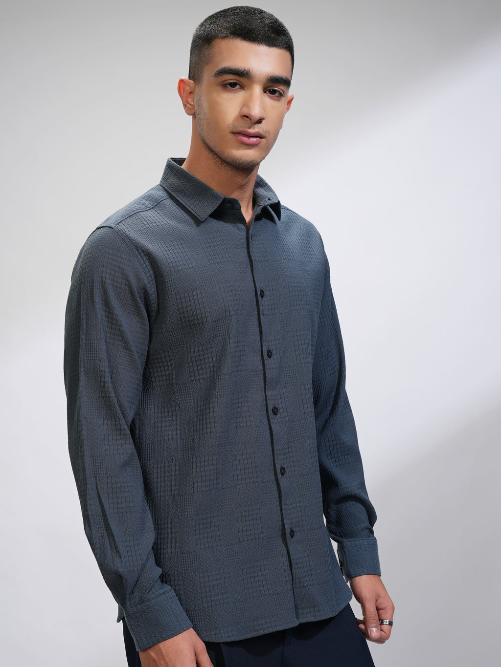Highlander Men Blue Textured Slim Fit Casual Shirt - Blue - Image 6