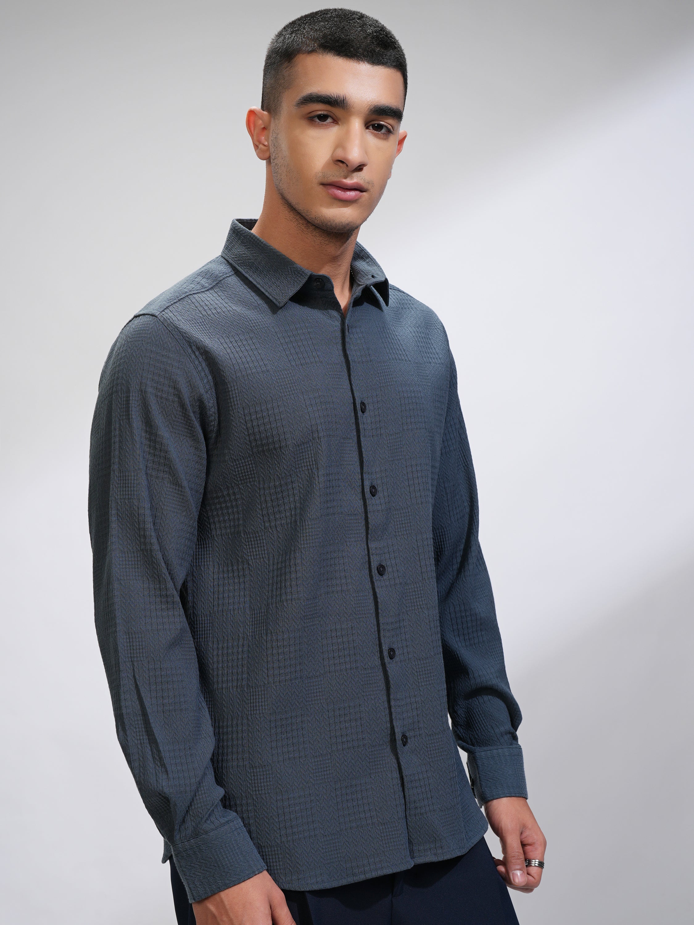 Highlander Men Blue Textured Slim Fit Casual Shirt - Blue - Image 6