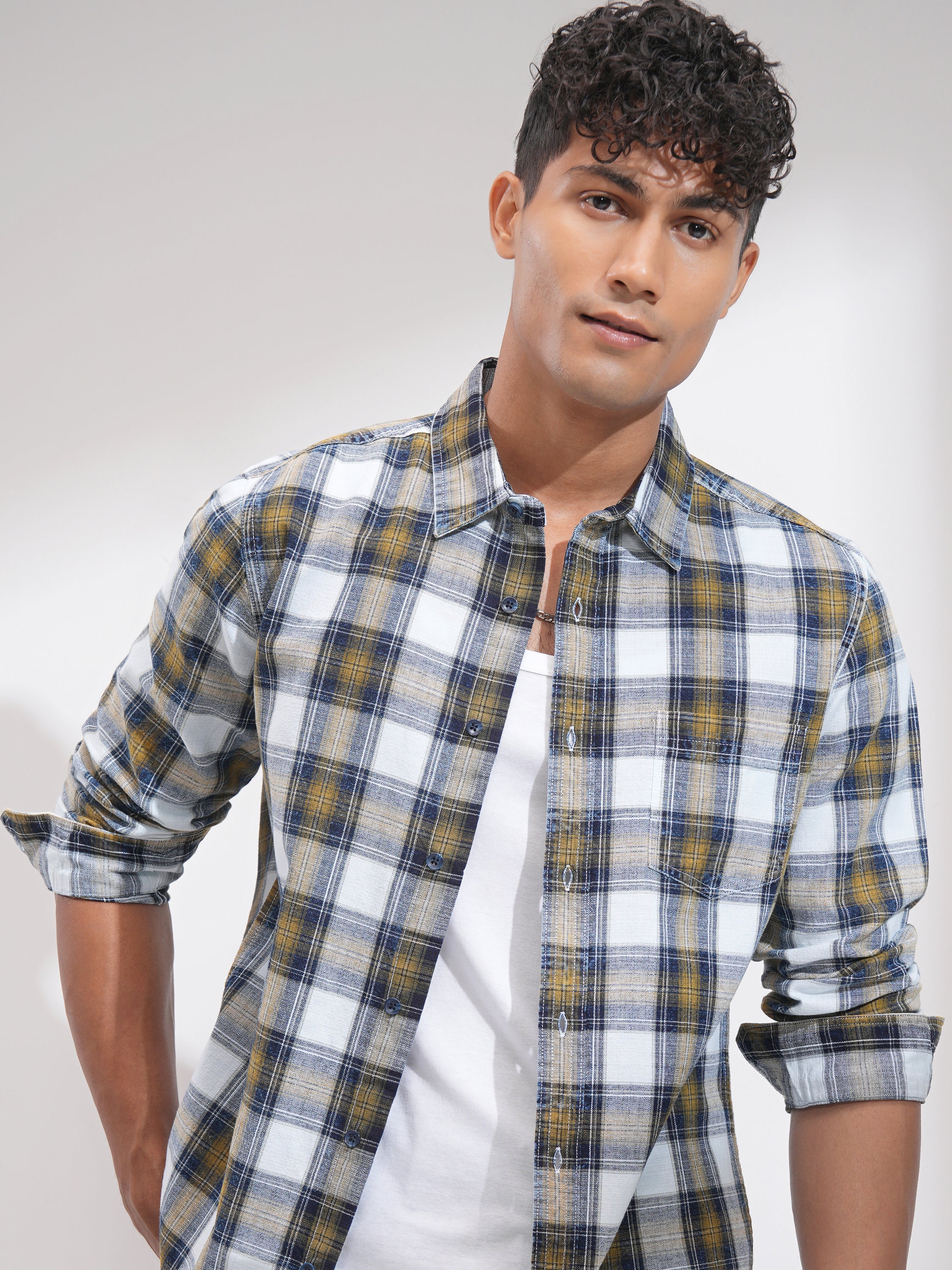 Highlander Men Olive Checked Slim Fit Casual Shirt - Olive - Image 1