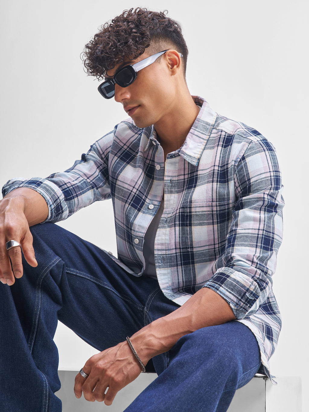 Highlander Men Blue Checked Slim Fit Casual Shirt - Blue - Image 1