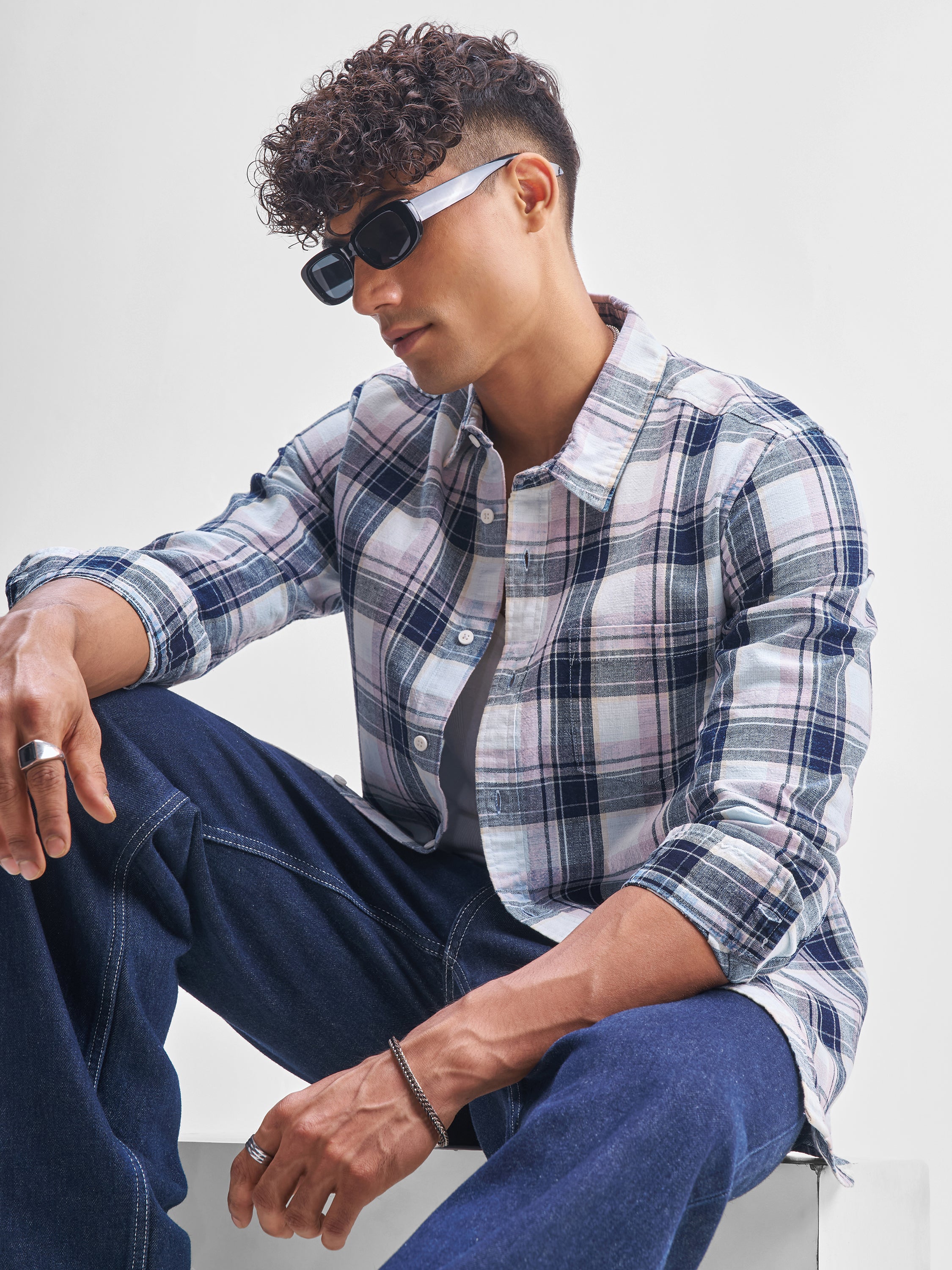 Highlander Men Blue Checked Slim Fit Casual Shirt - Blue - Image 1