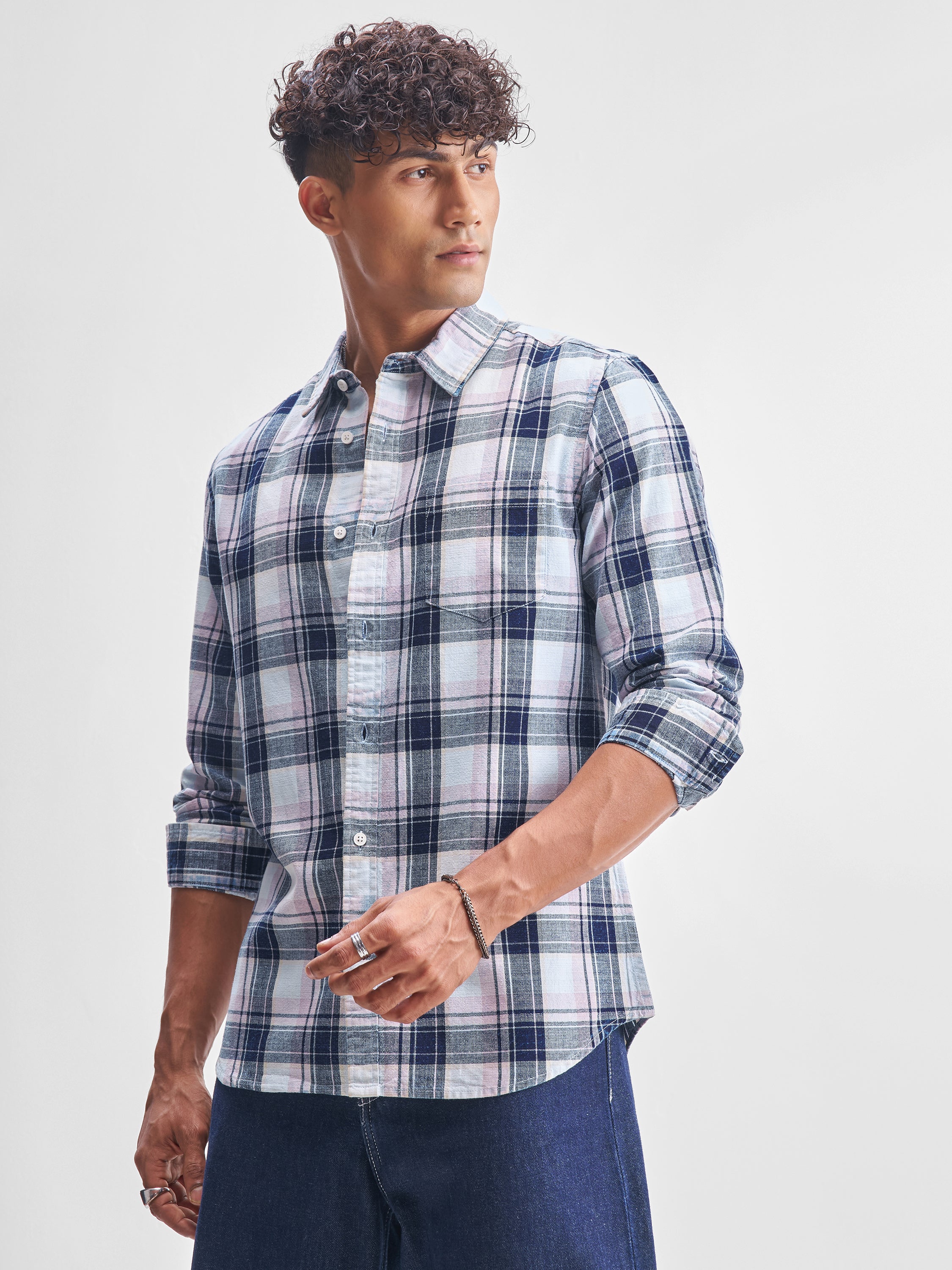 Highlander Men Blue Checked Slim Fit Casual Shirt - Blue - Image 4
