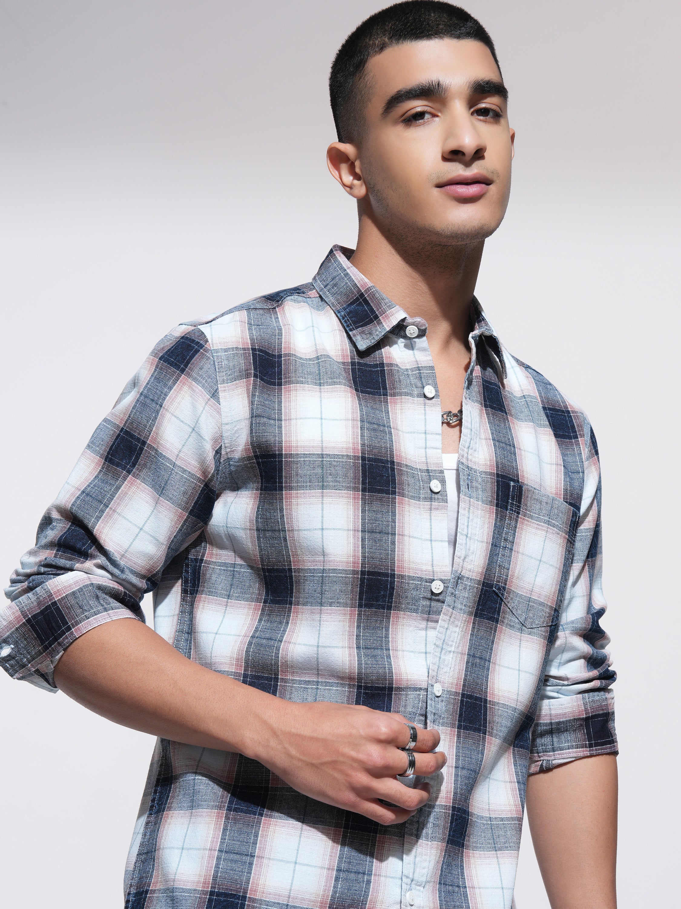 Highlander Men Peach Checked Slim Fit Casual Shirt - Peach - Image 1