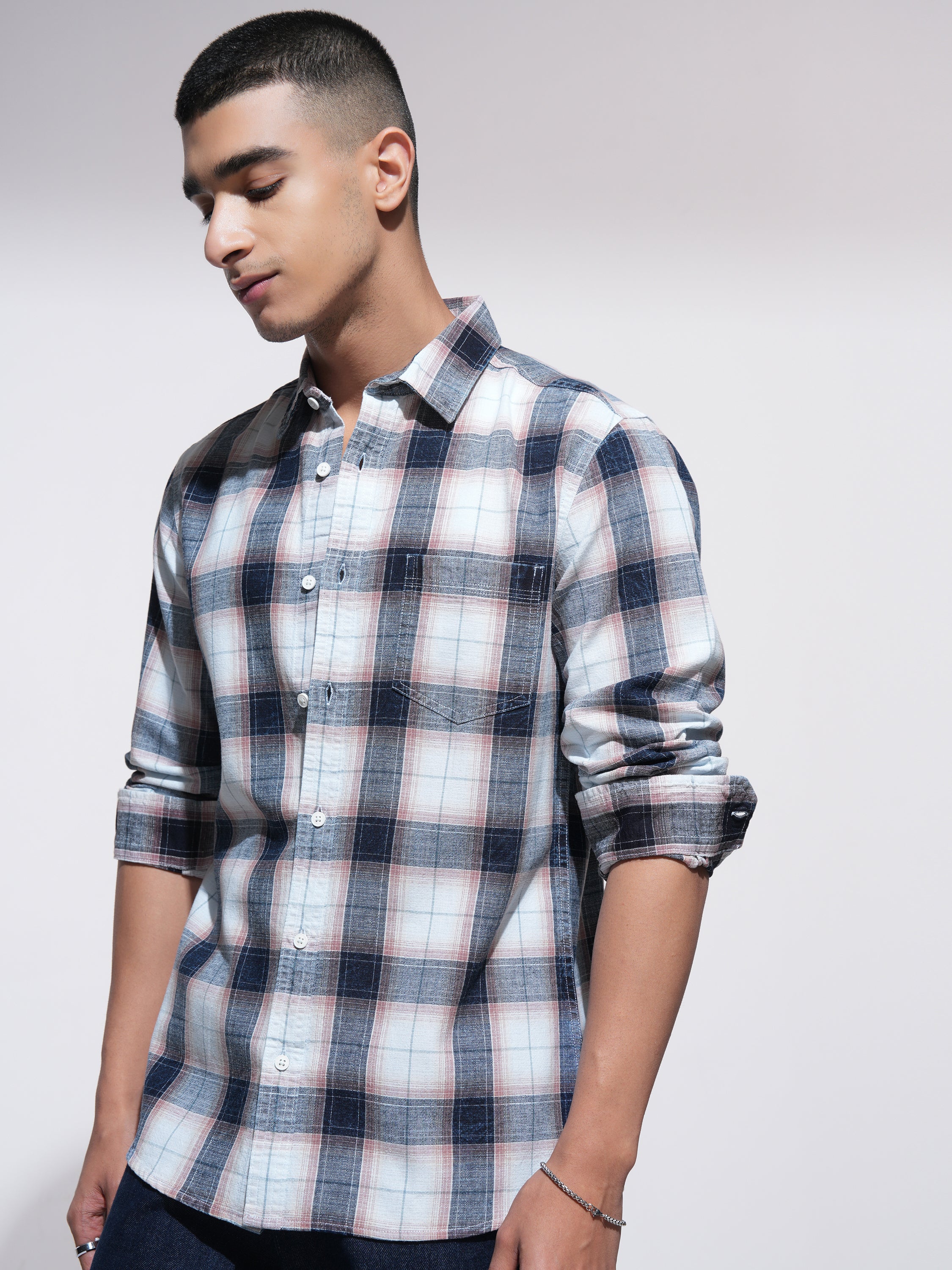 Highlander Men Peach Checked Slim Fit Casual Shirt - Peach - Image 4