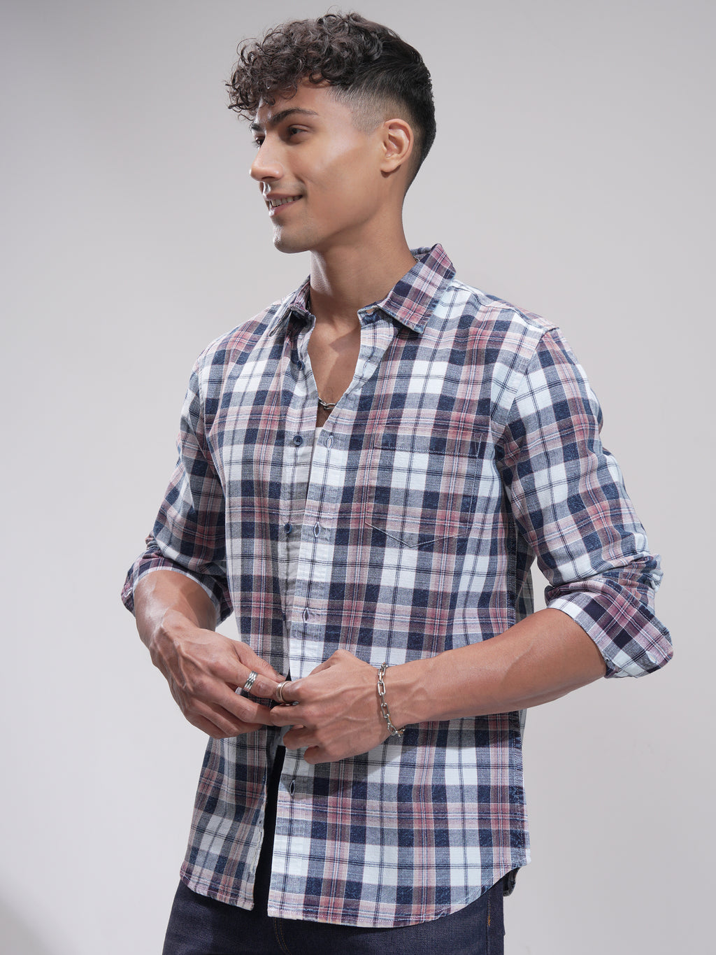 Highlander Men Blue Checked Slim Fit Casual Shirt - Blue - Image 4
