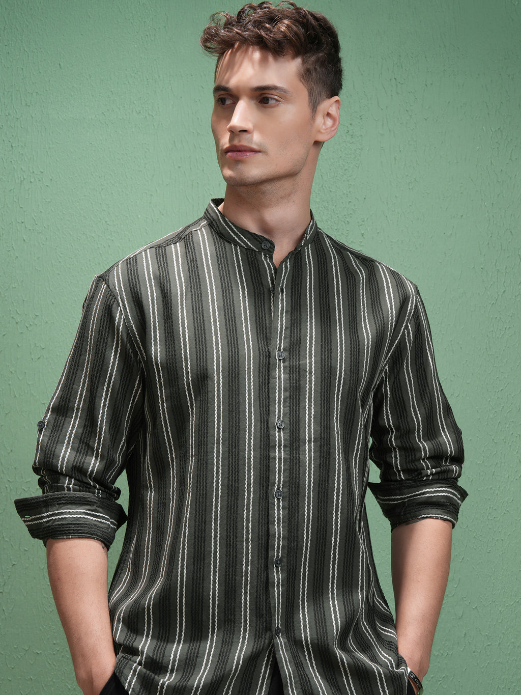Highlander Men Olive Striped Relaxed Fit Casual Shirt - Olive - Image 1