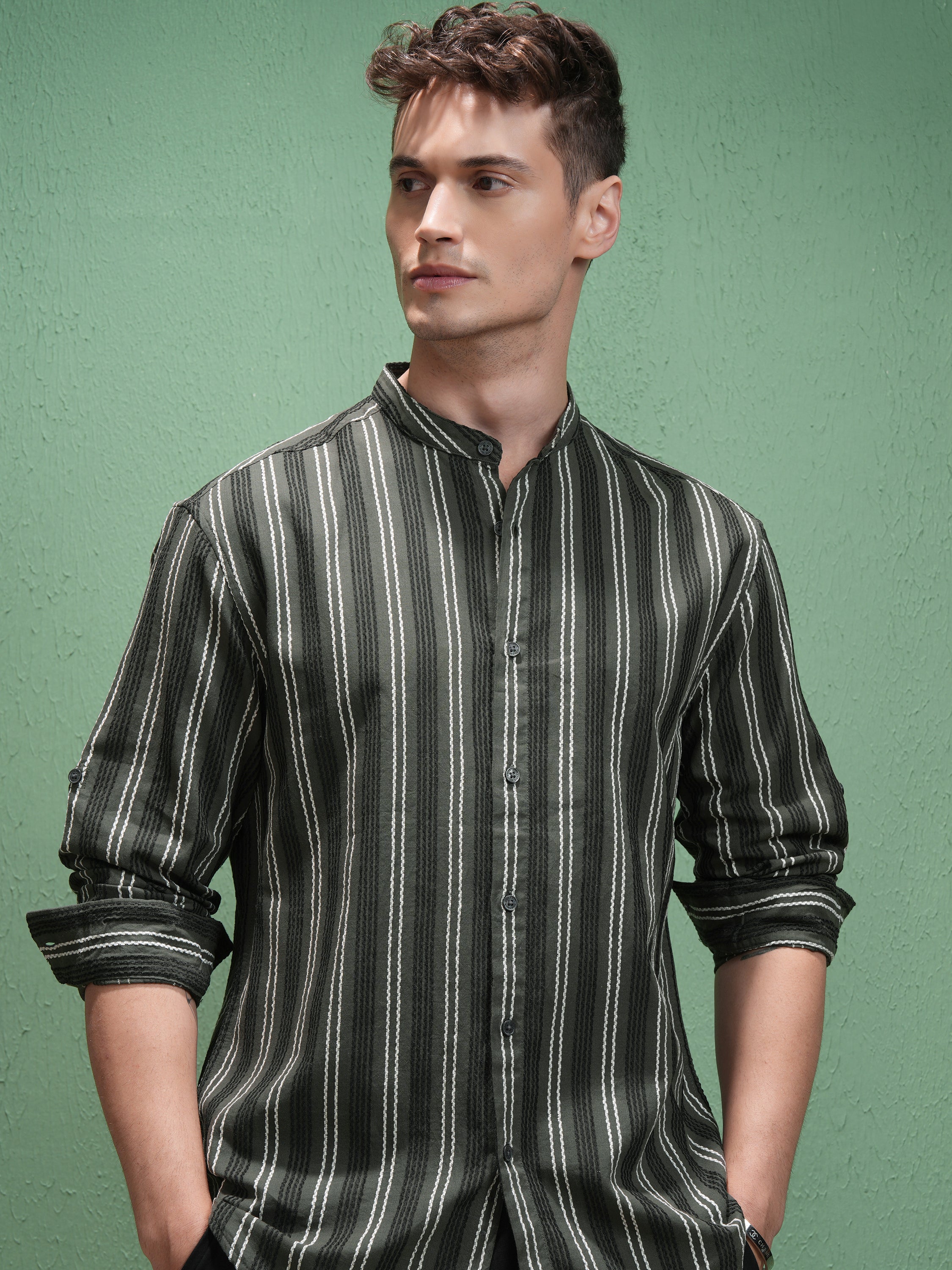 Highlander Men Olive Striped Relaxed Fit Casual Shirt - Olive - Image 1