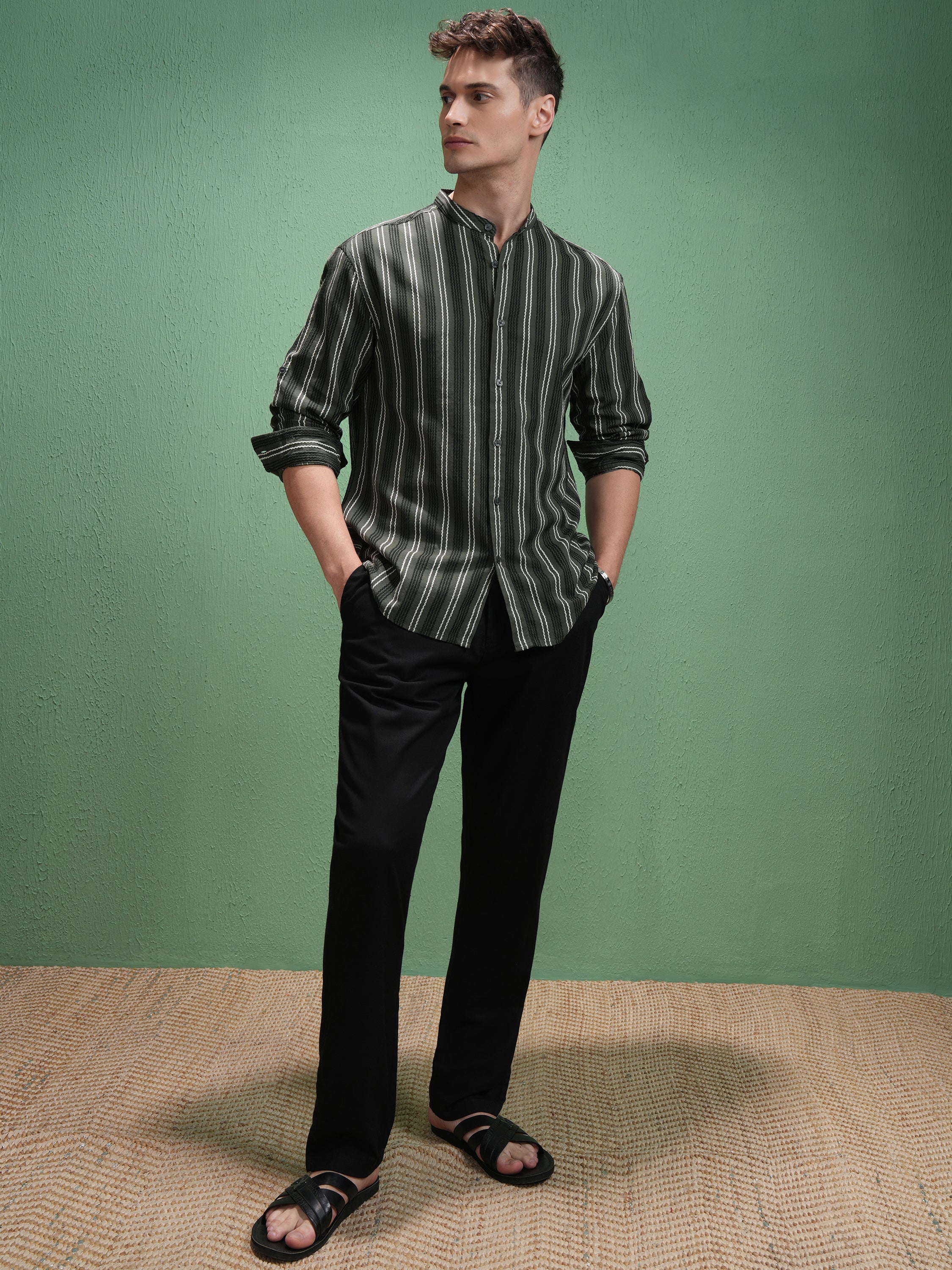 Highlander Men Olive Striped Relaxed Fit Casual Shirt - Olive - Image 2