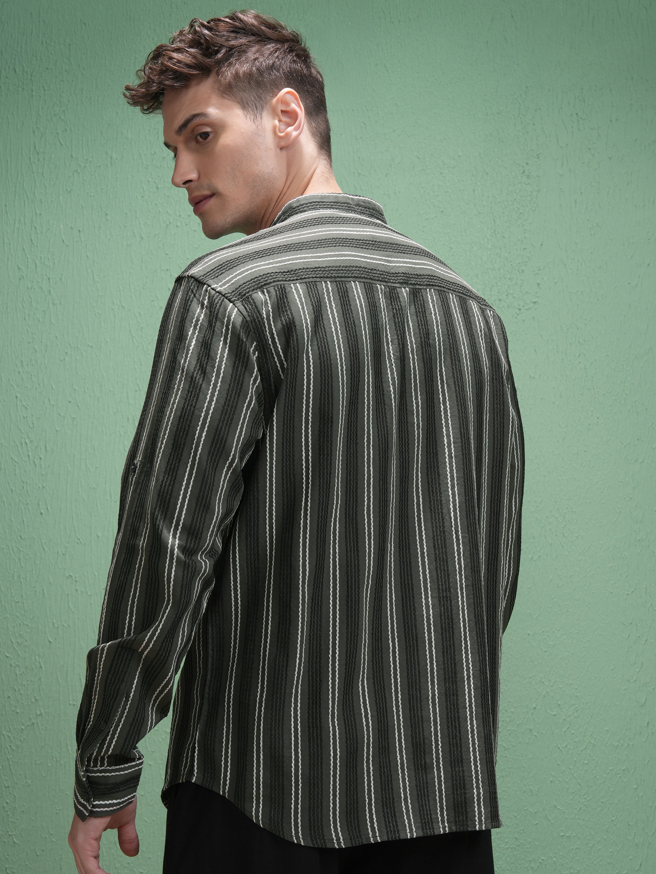 Highlander Men Olive Striped Relaxed Fit Casual Shirt - Olive - Image 3