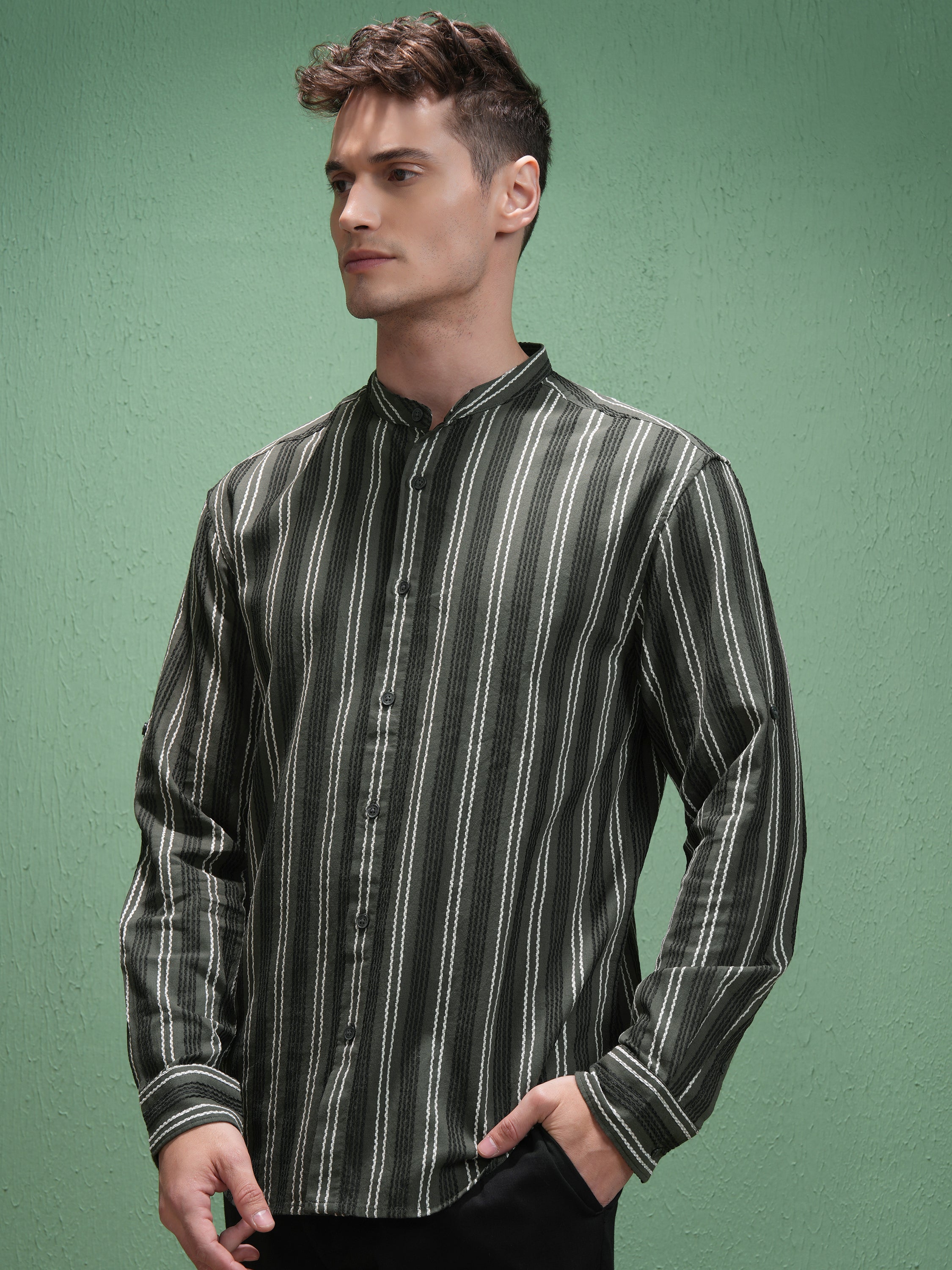 Highlander Men Olive Striped Relaxed Fit Casual Shirt - Olive - Image 4