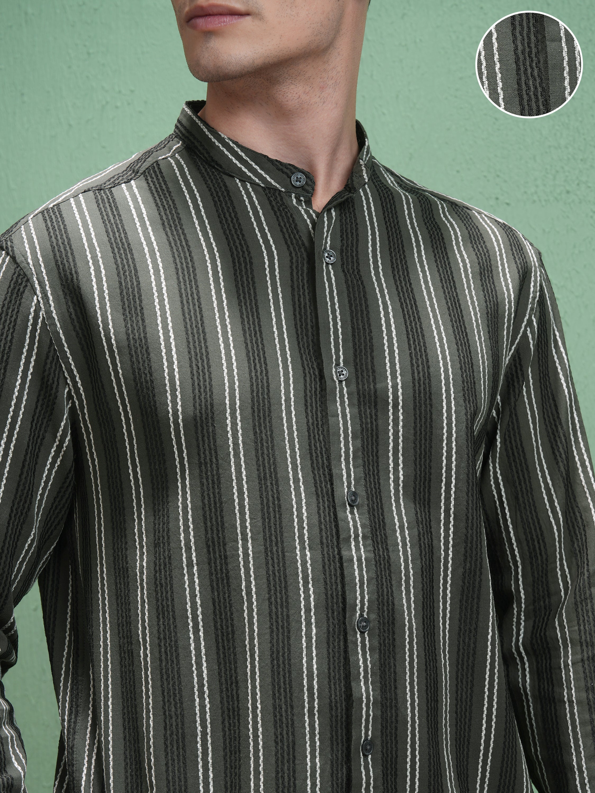 Highlander Men Olive Striped Relaxed Fit Casual Shirt - Olive - Image 5