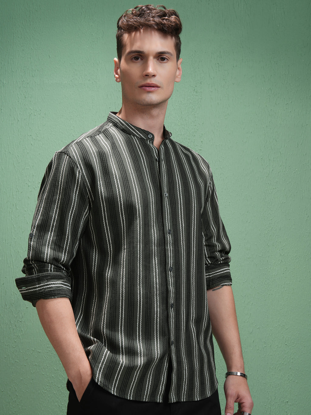 Highlander Men Olive Striped Relaxed Fit Casual Shirt - Olive - Image 6
