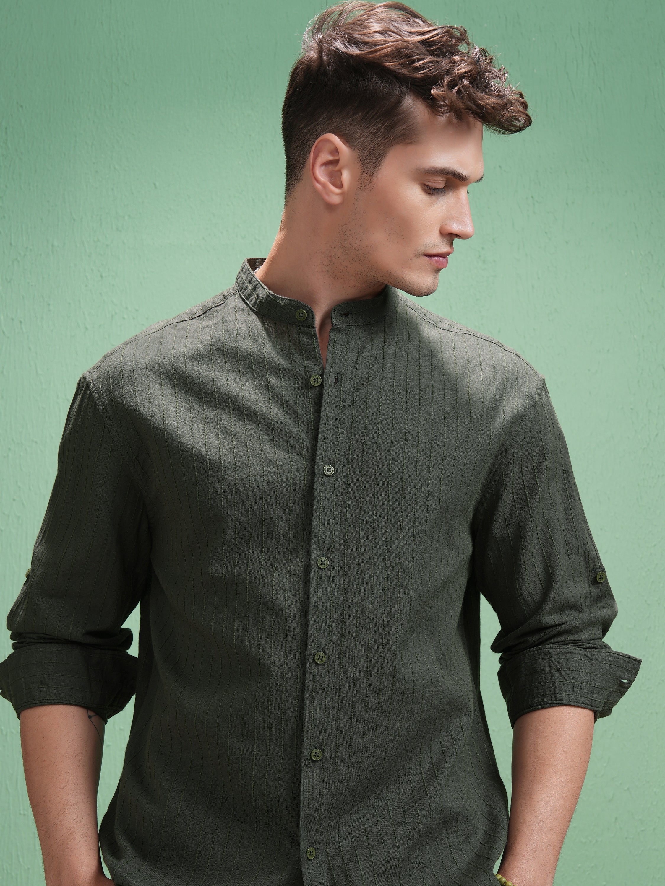Highlander Men Olive Striped Relaxed Fit Casual Shirt - Olive - Image 1
