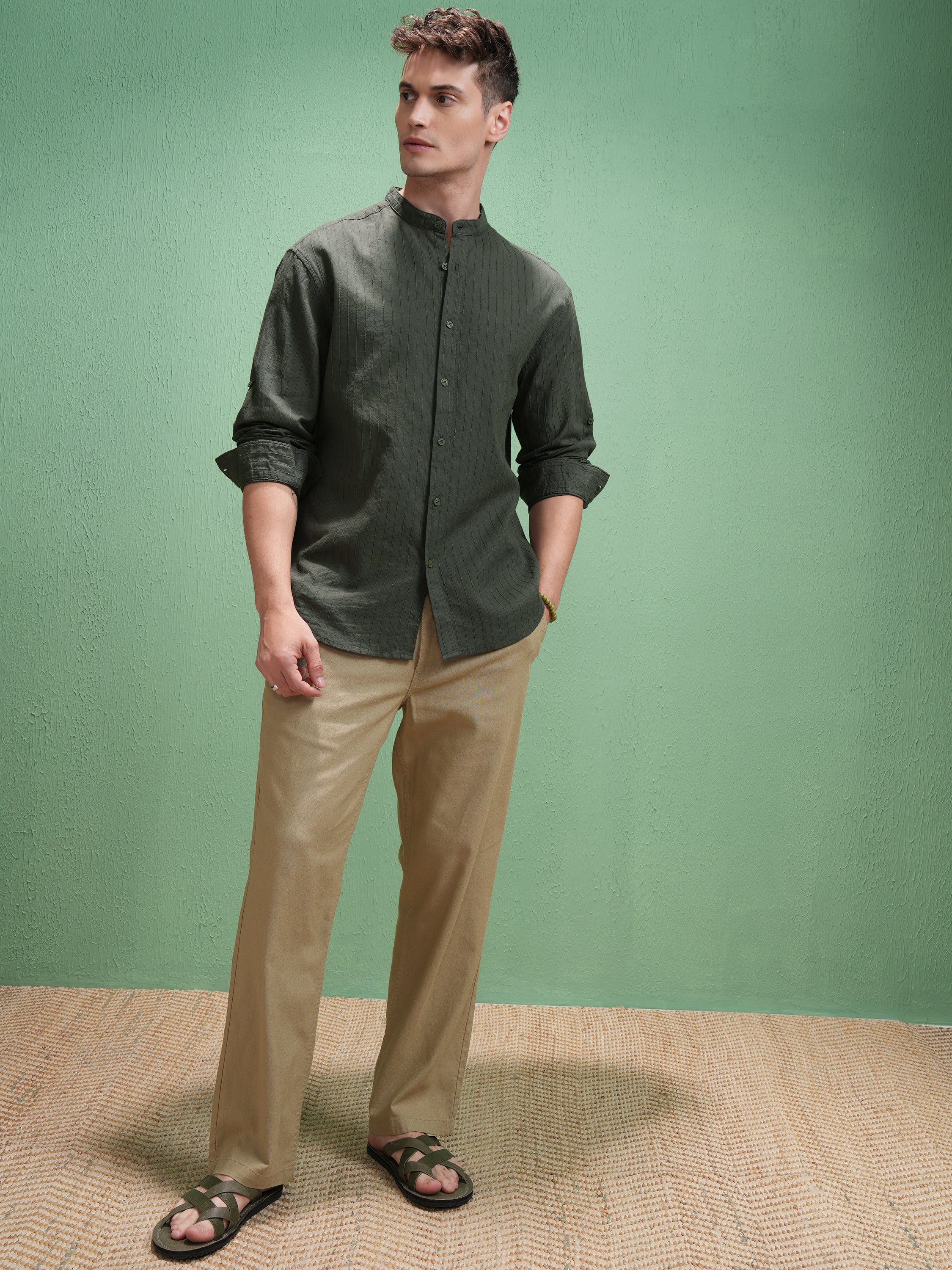 Highlander Men Olive Striped Relaxed Fit Casual Shirt - Olive - Image 2