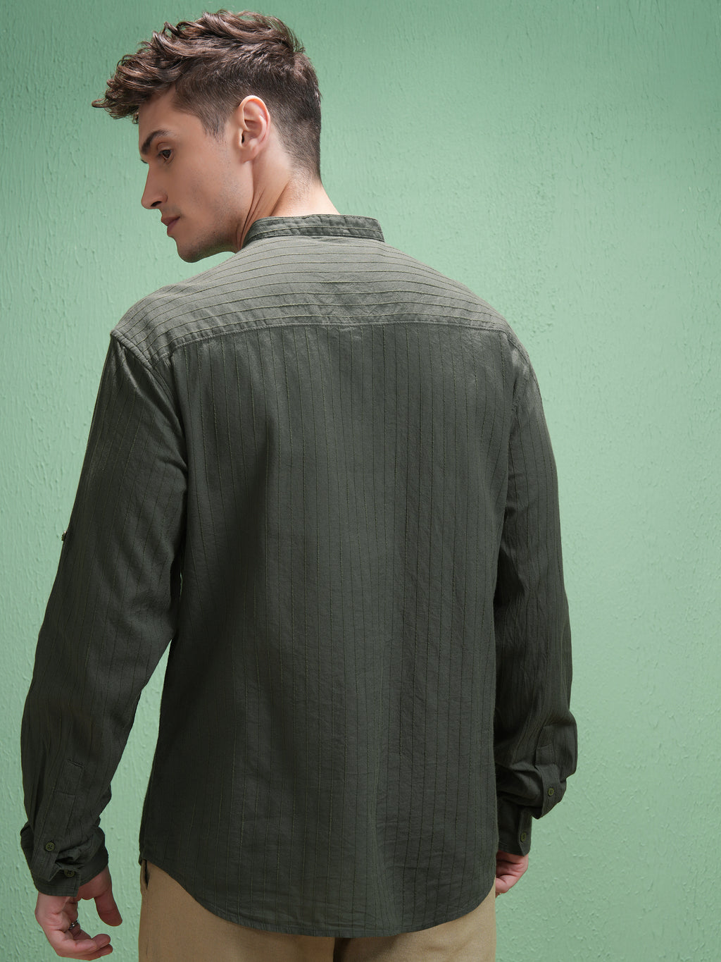 Highlander Men Olive Striped Relaxed Fit Casual Shirt - Olive - Image 3
