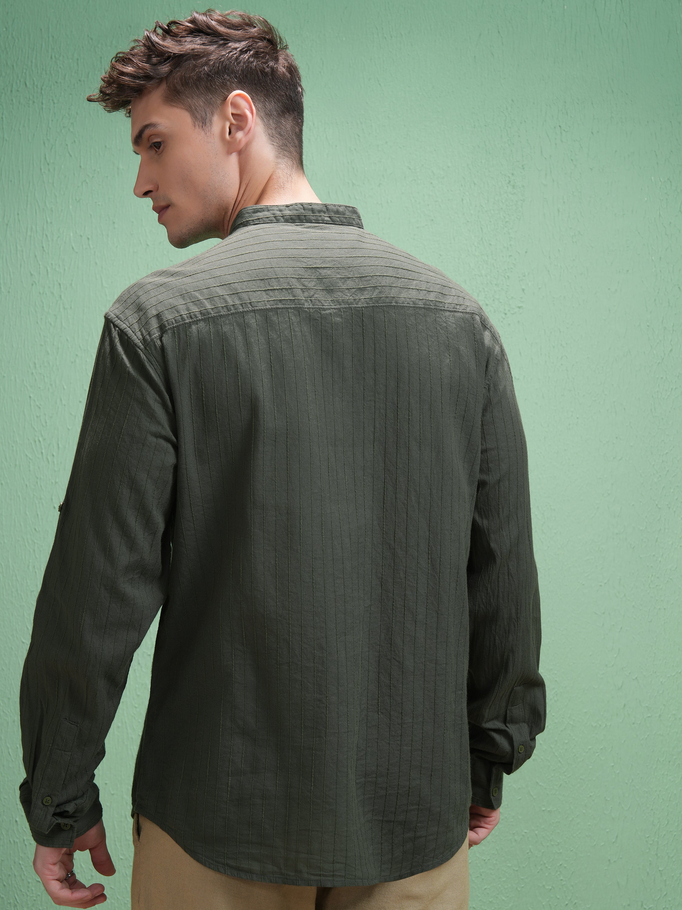 Highlander Men Olive Striped Relaxed Fit Casual Shirt - Olive - Image 3