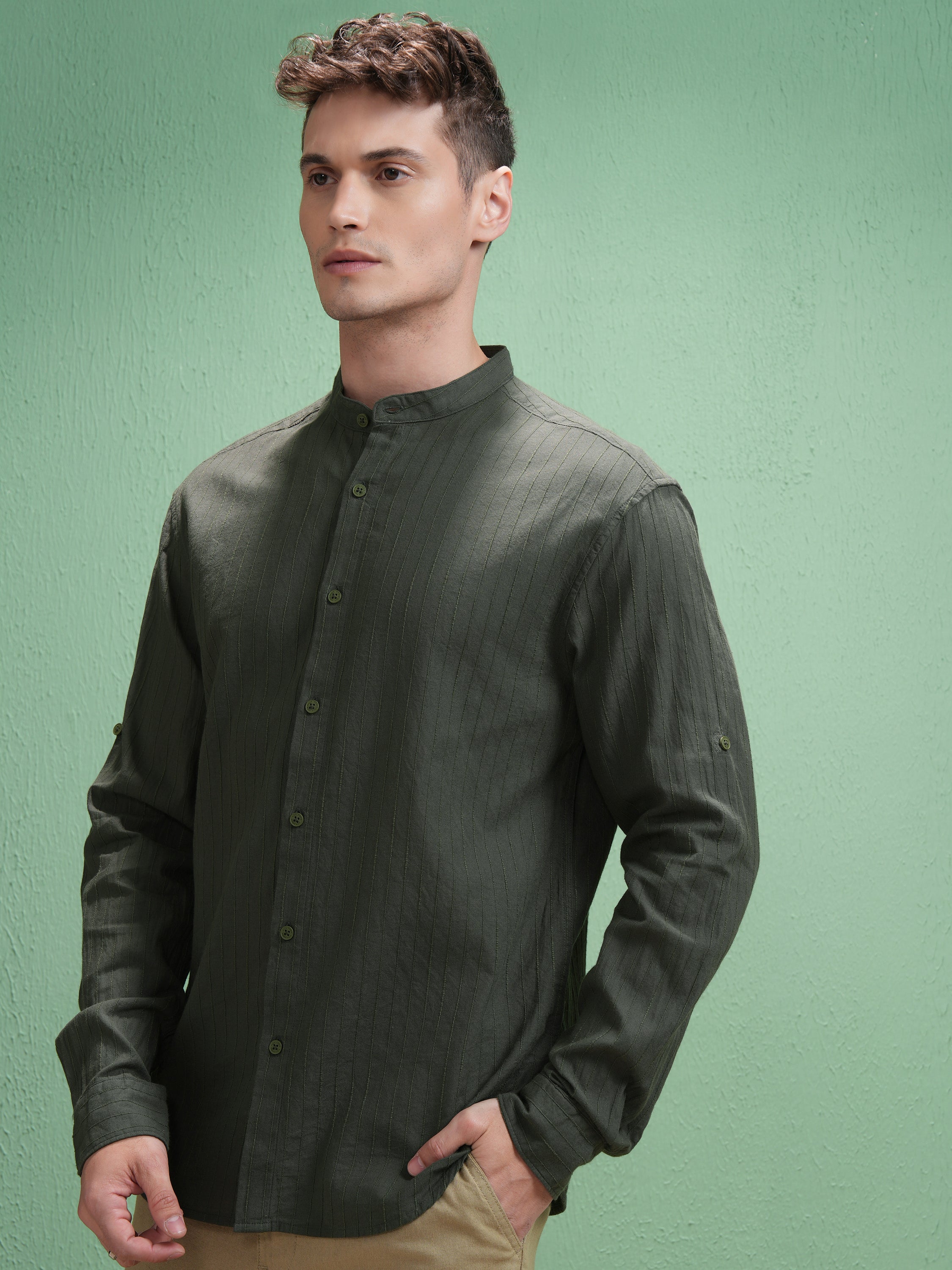 Highlander Men Olive Striped Relaxed Fit Casual Shirt - Olive - Image 4