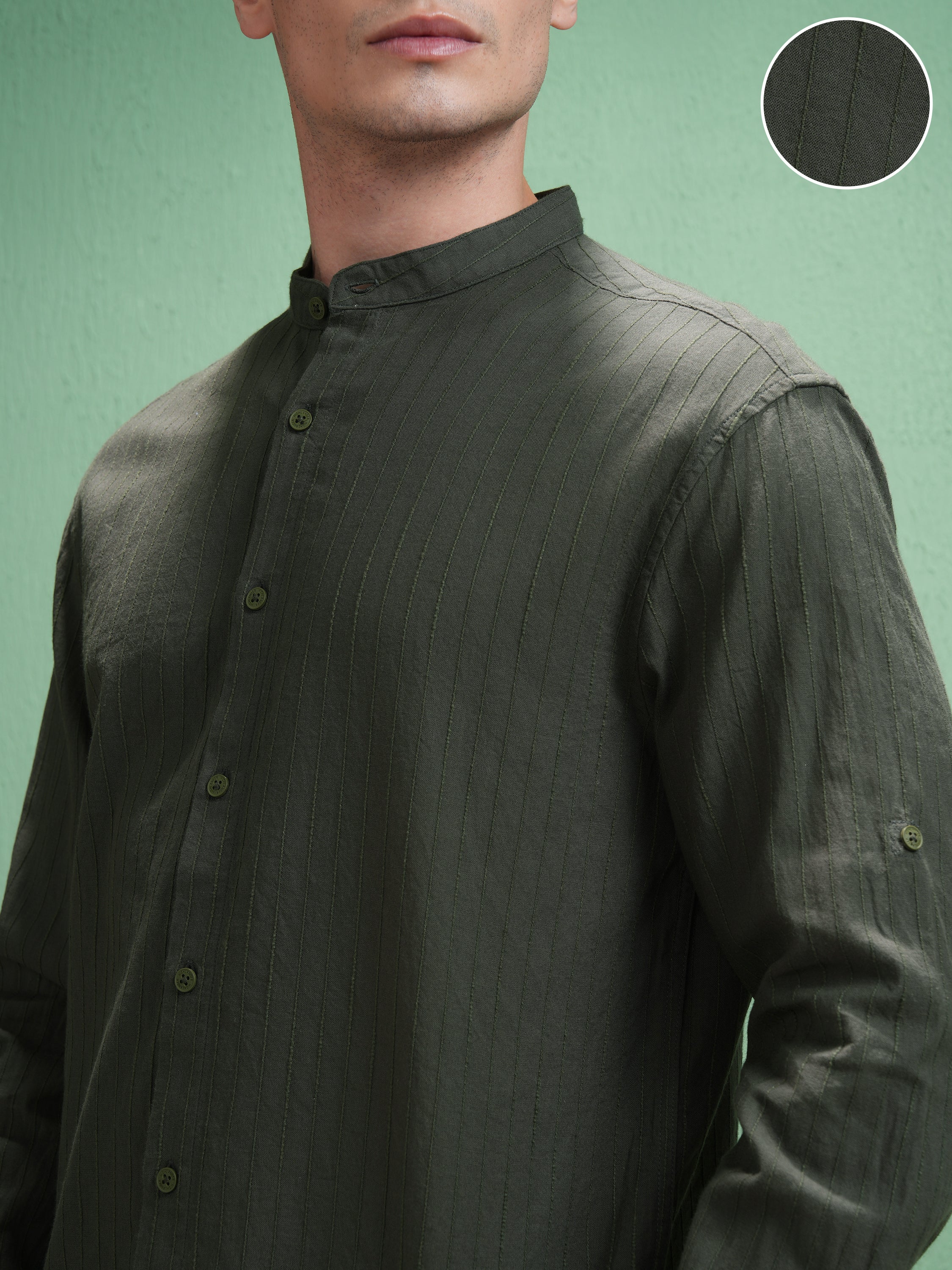 Highlander Men Olive Striped Relaxed Fit Casual Shirt - Olive - Image 5