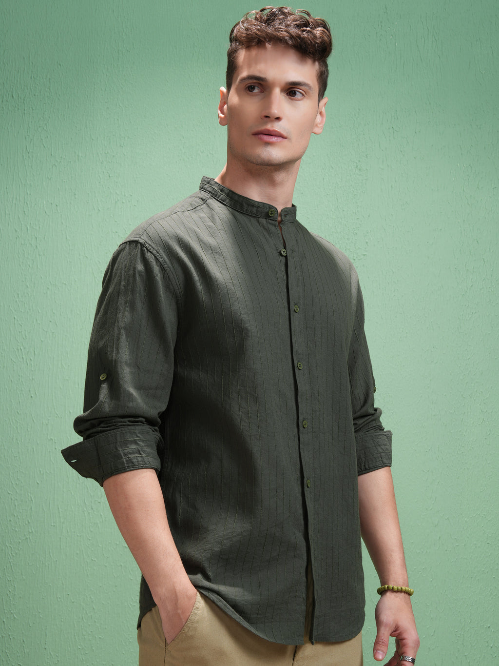 Highlander Men Olive Striped Relaxed Fit Casual Shirt - Olive - Image 6