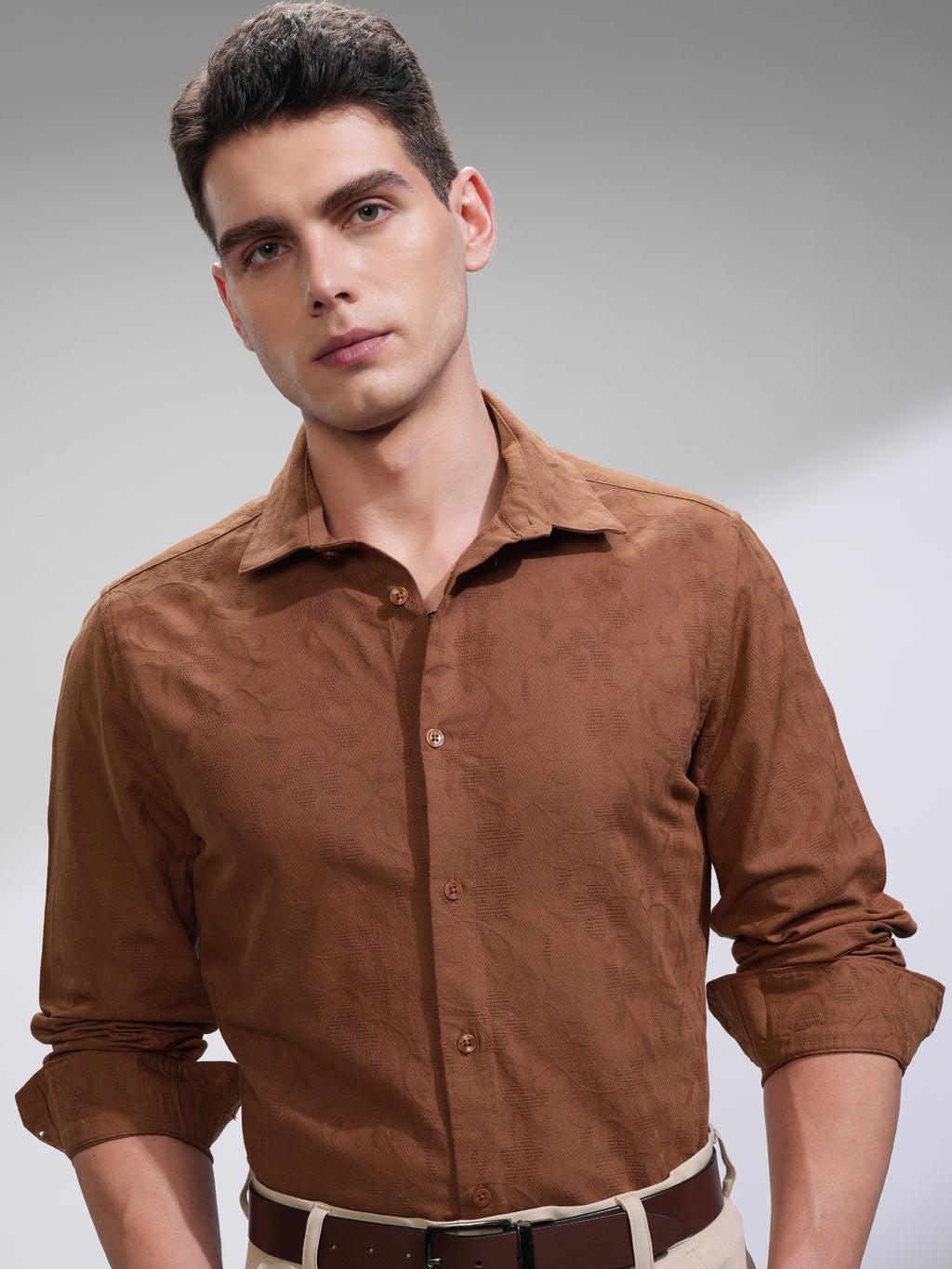 Highlander Men Rust Self Design Slim Fit Casual Shirt - Rust - Image 1
