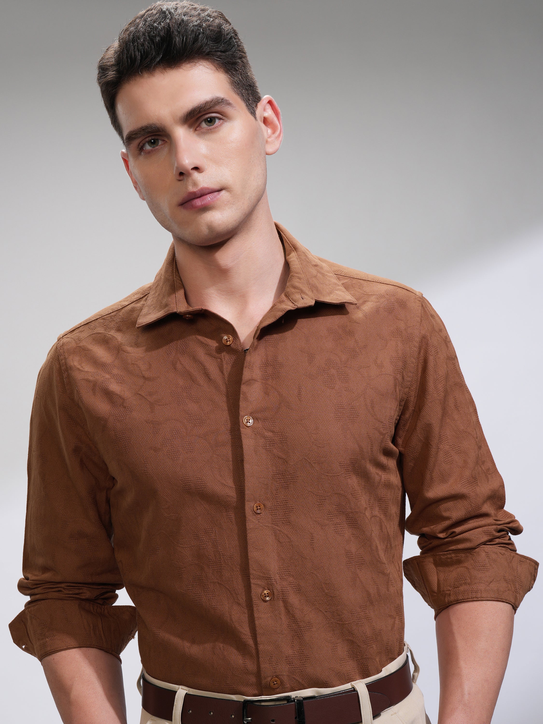 Highlander Men Rust Self Design Slim Fit Casual Shirt - Rust - Image 1