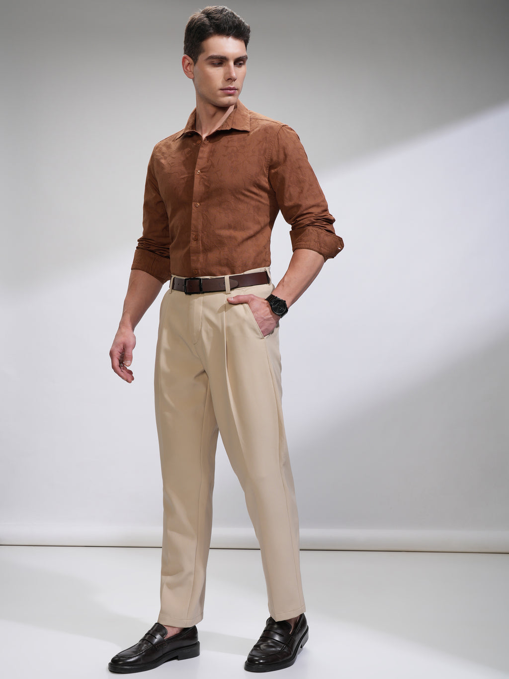 Highlander Men Rust Self Design Slim Fit Casual Shirt - Rust - Image 2