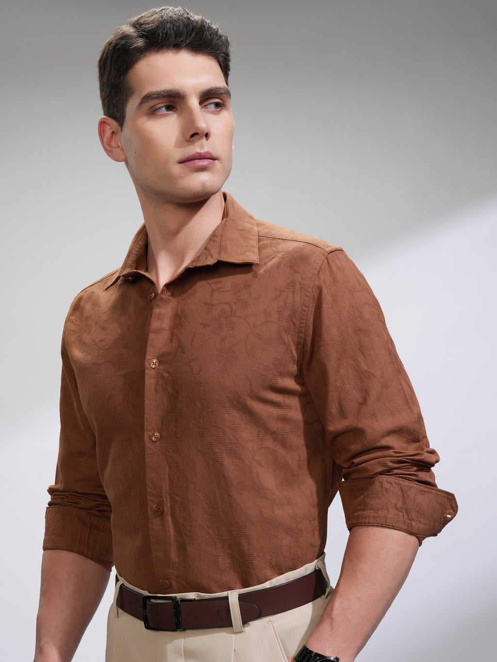 Highlander Men Rust Self Design Slim Fit Casual Shirt - Rust - Image 4