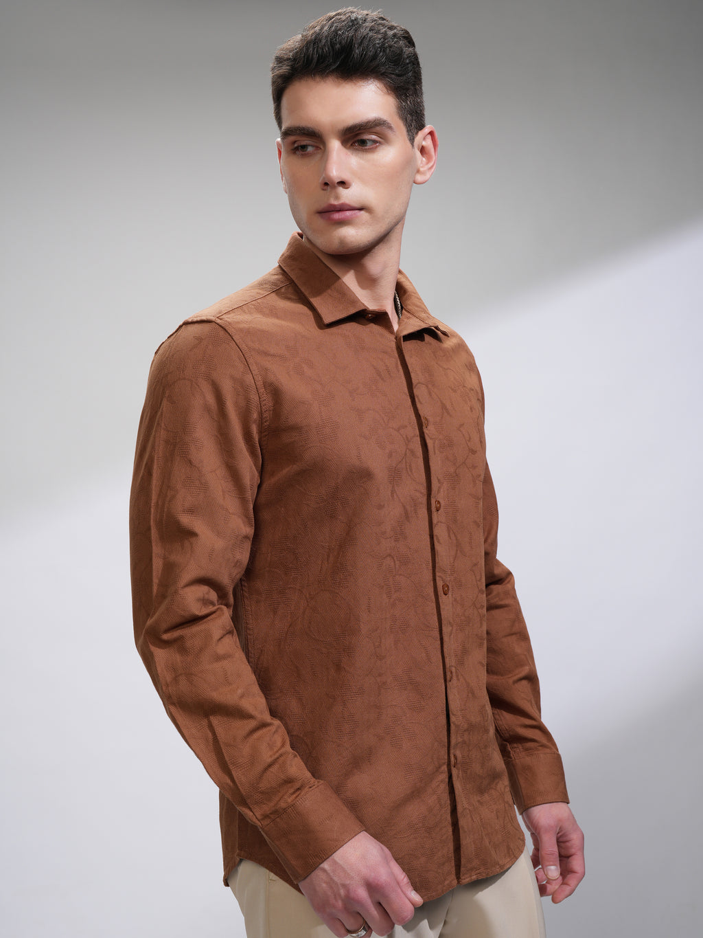 Highlander Men Rust Self Design Slim Fit Casual Shirt - Rust - Image 6