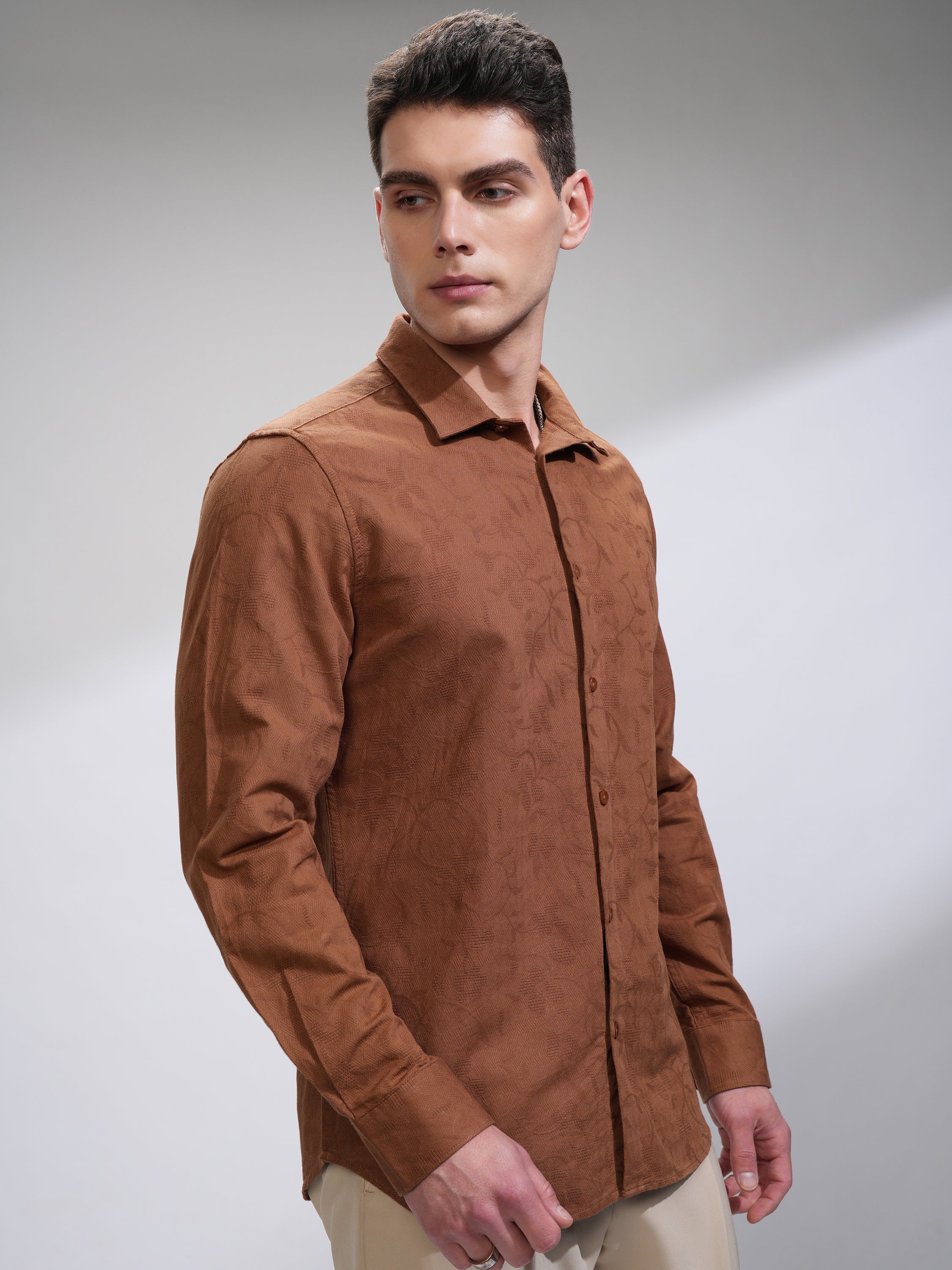Highlander Men Rust Self Design Slim Fit Casual Shirt - Rust - Image 6