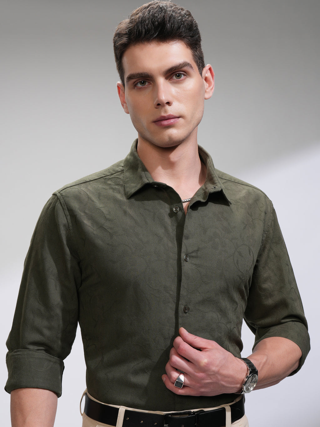 Highlander Men Green Self Design Slim Fit Casual Shirt - Green - Image 1