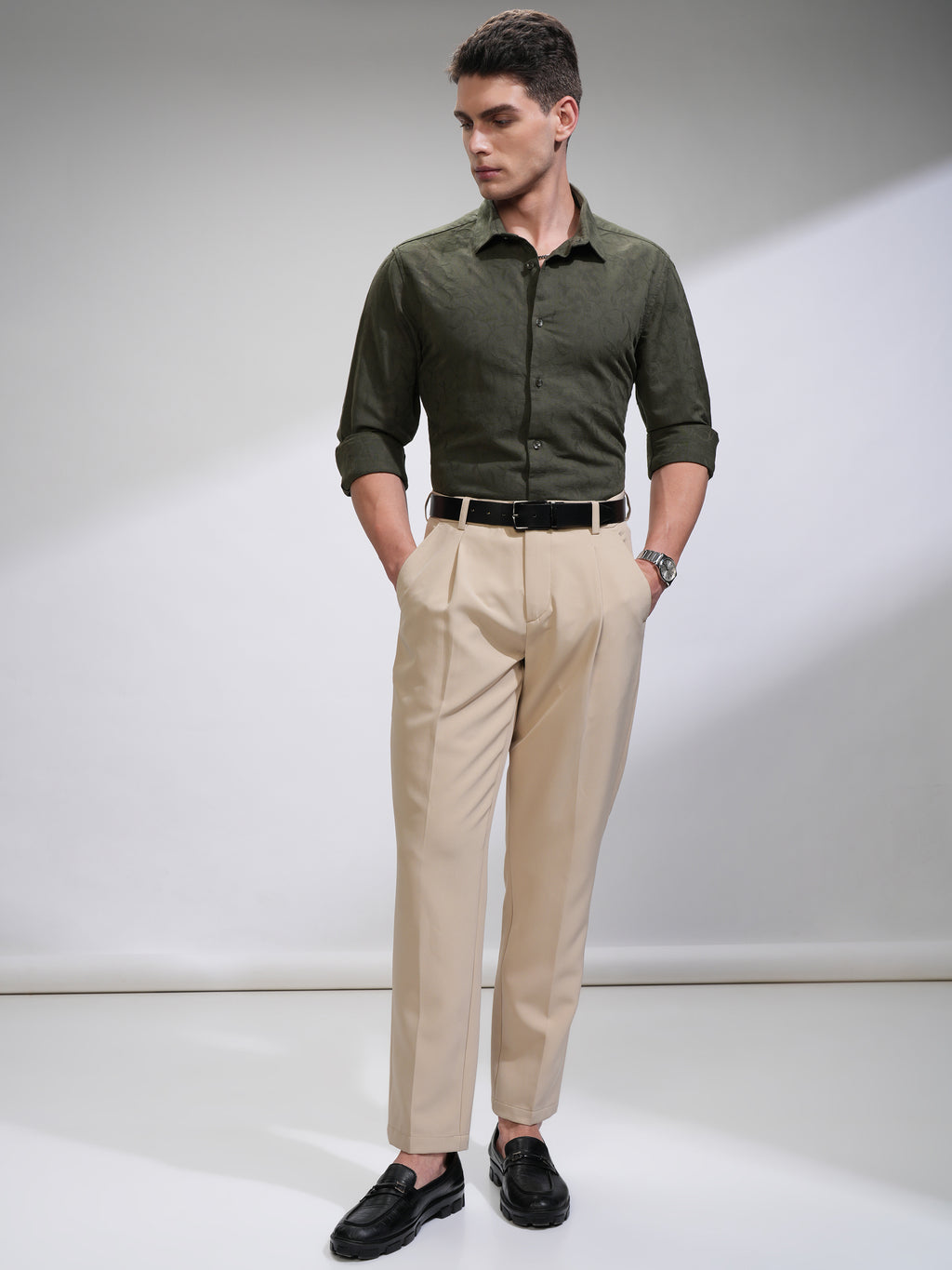 Highlander Men Green Self Design Slim Fit Casual Shirt - Green - Image 2