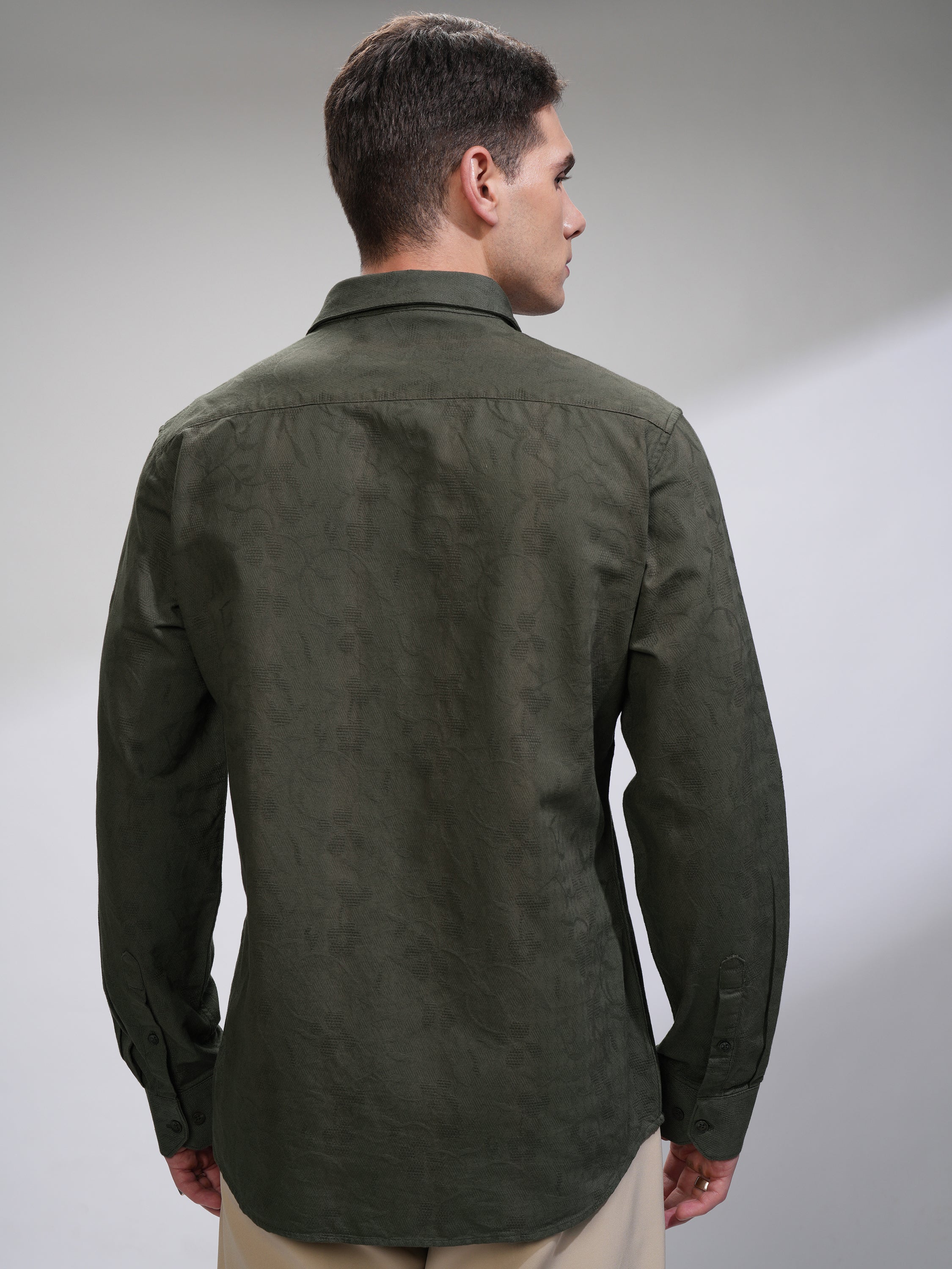 Highlander Men Green Self Design Slim Fit Casual Shirt - Green - Image 3