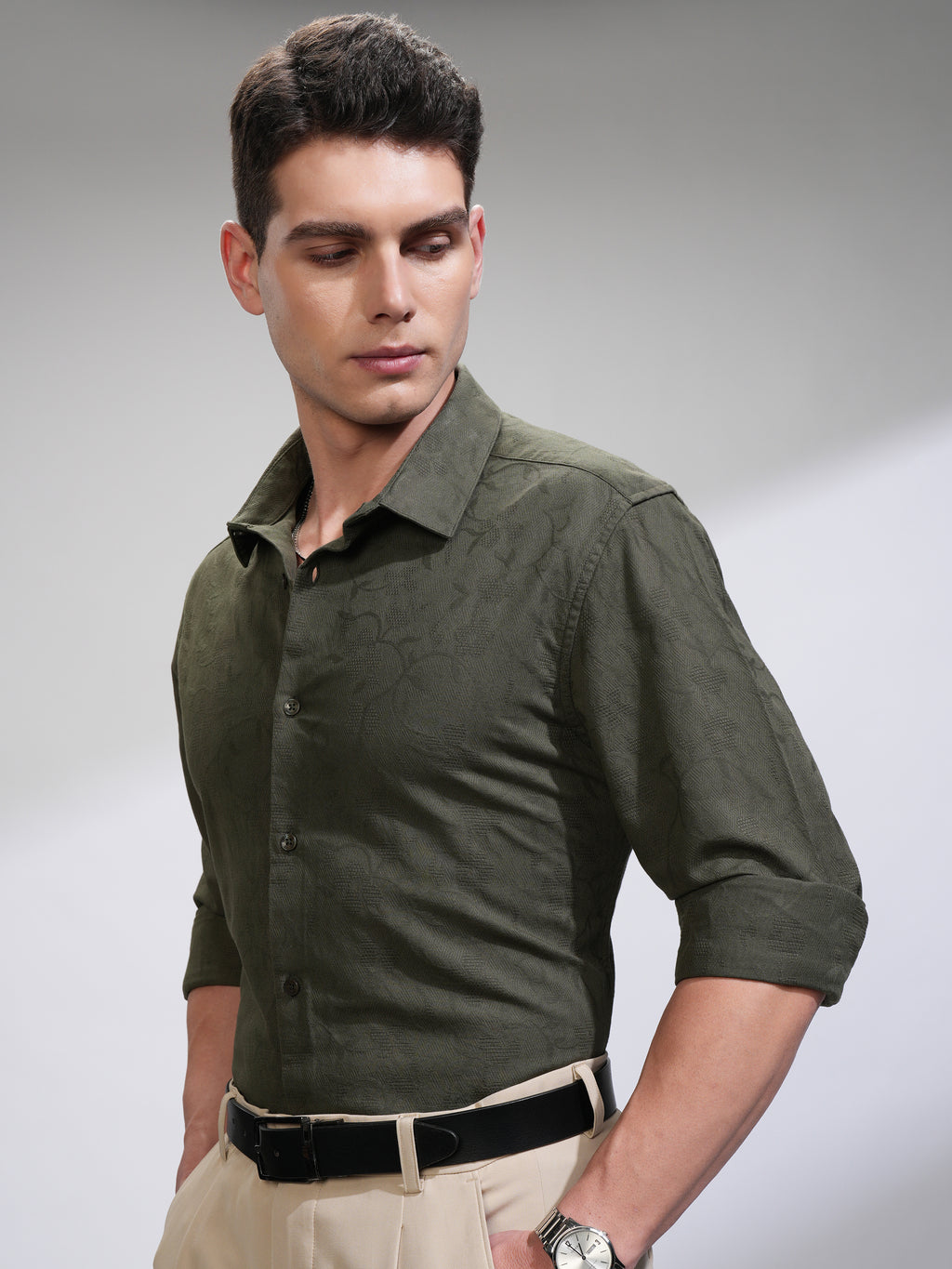 Highlander Men Green Self Design Slim Fit Casual Shirt - Green - Image 4