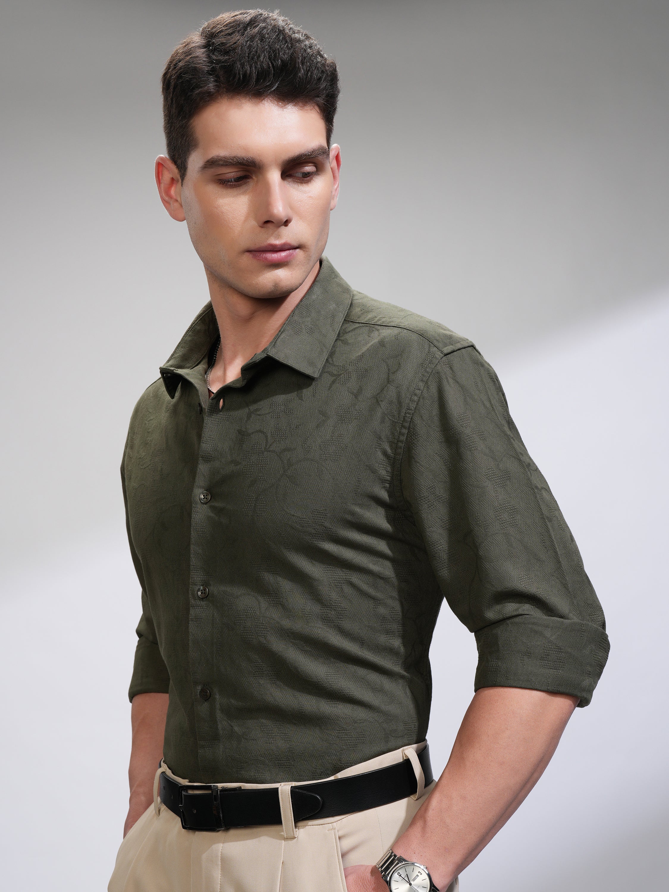Highlander Men Green Self Design Slim Fit Casual Shirt - Green - Image 4