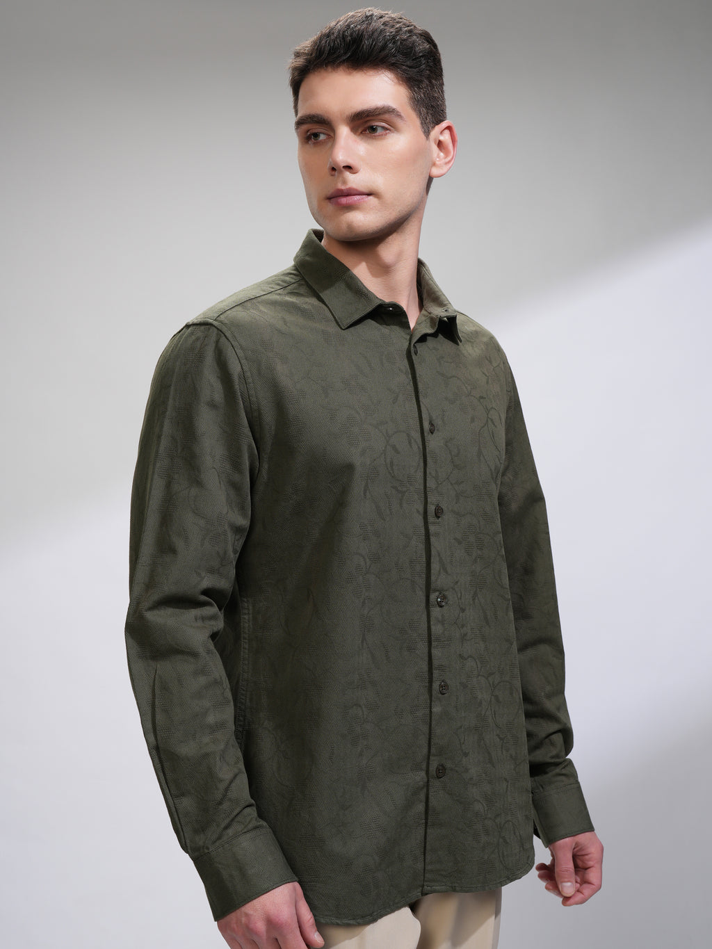 Highlander Men Green Self Design Slim Fit Casual Shirt - Green - Image 6