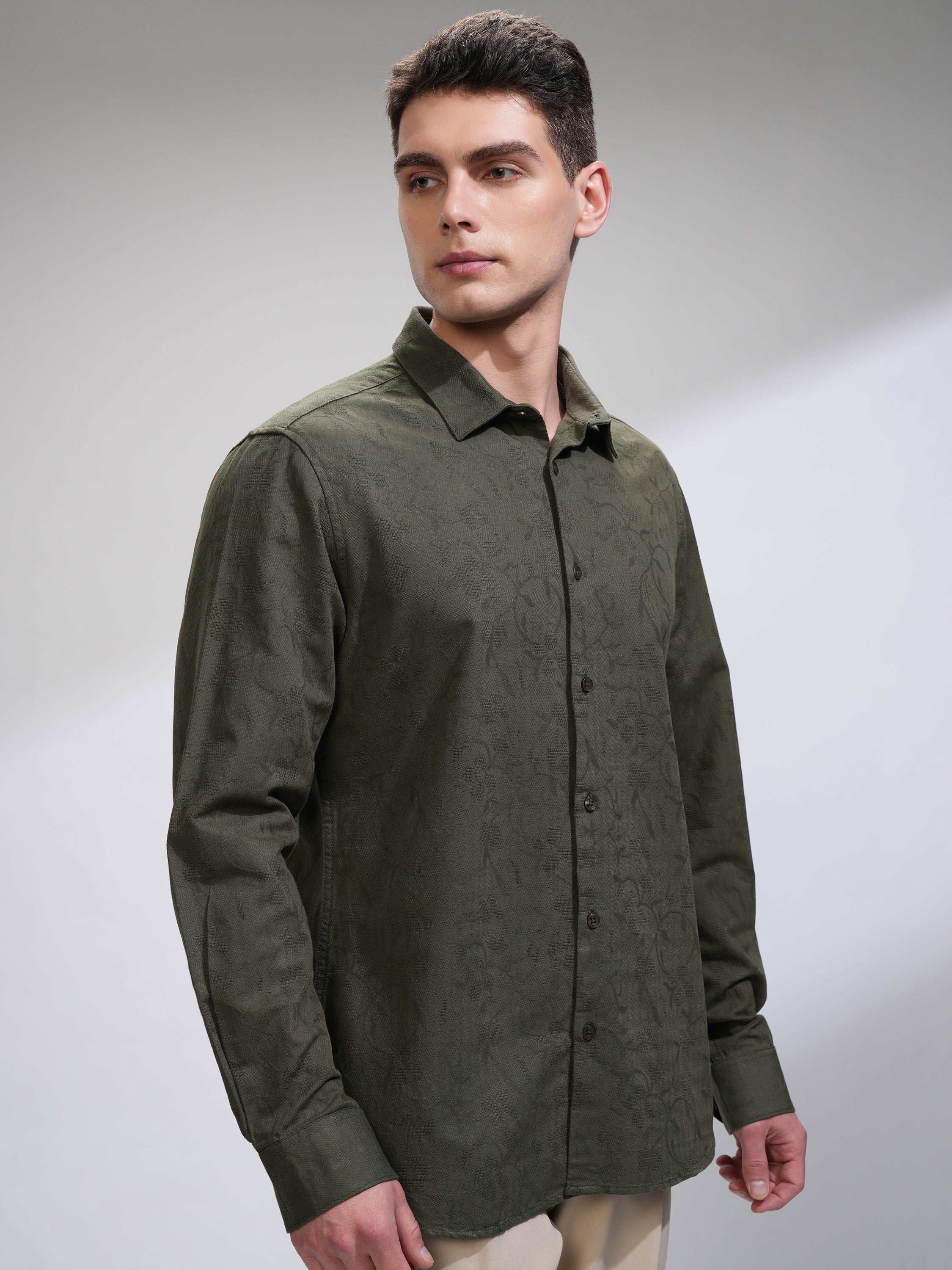 Highlander Men Green Self Design Slim Fit Casual Shirt - Green - Image 6