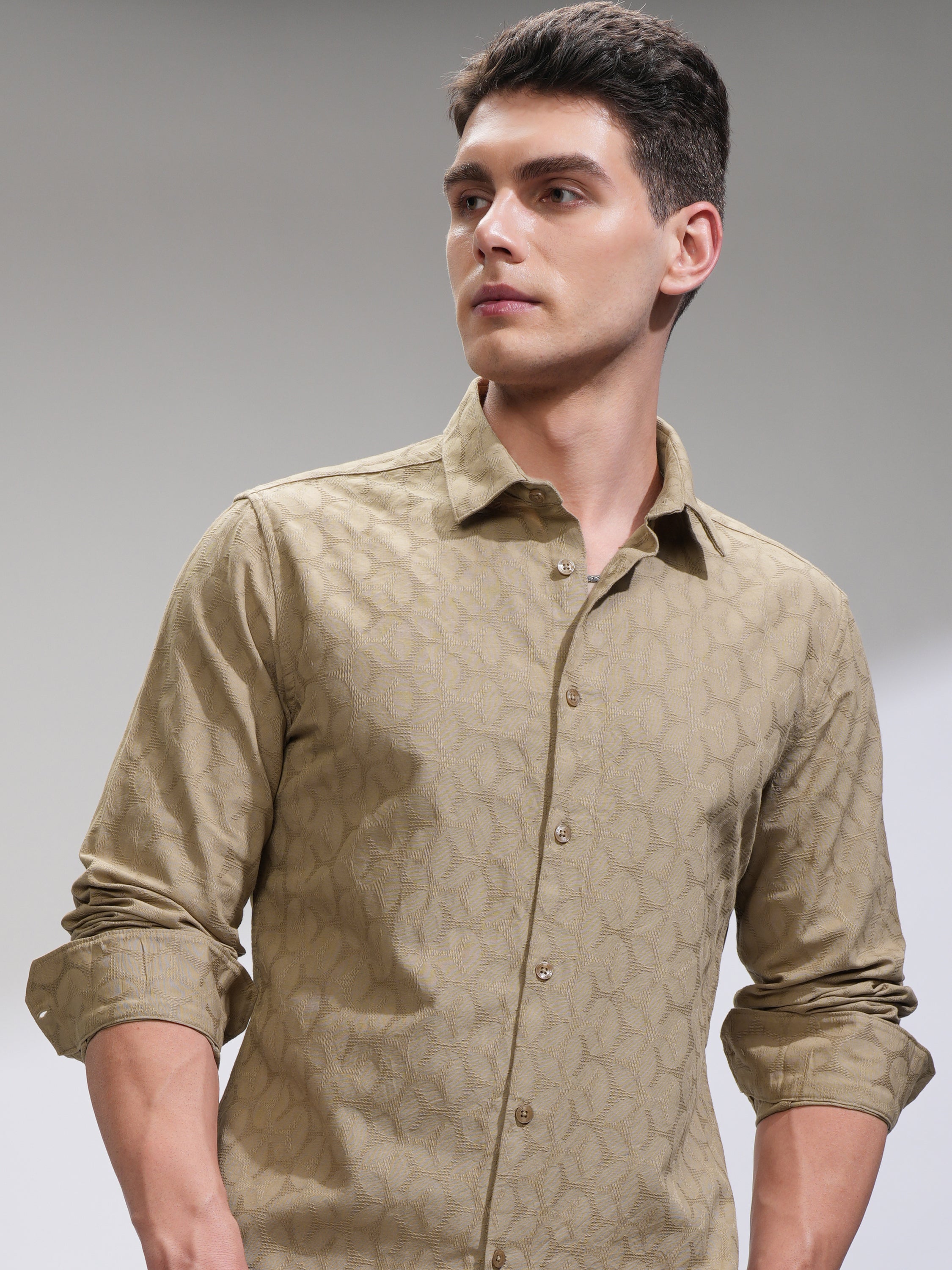 Highlander Men Beige Self Design Slim Fit Casual Shirt - Beige - Image 1