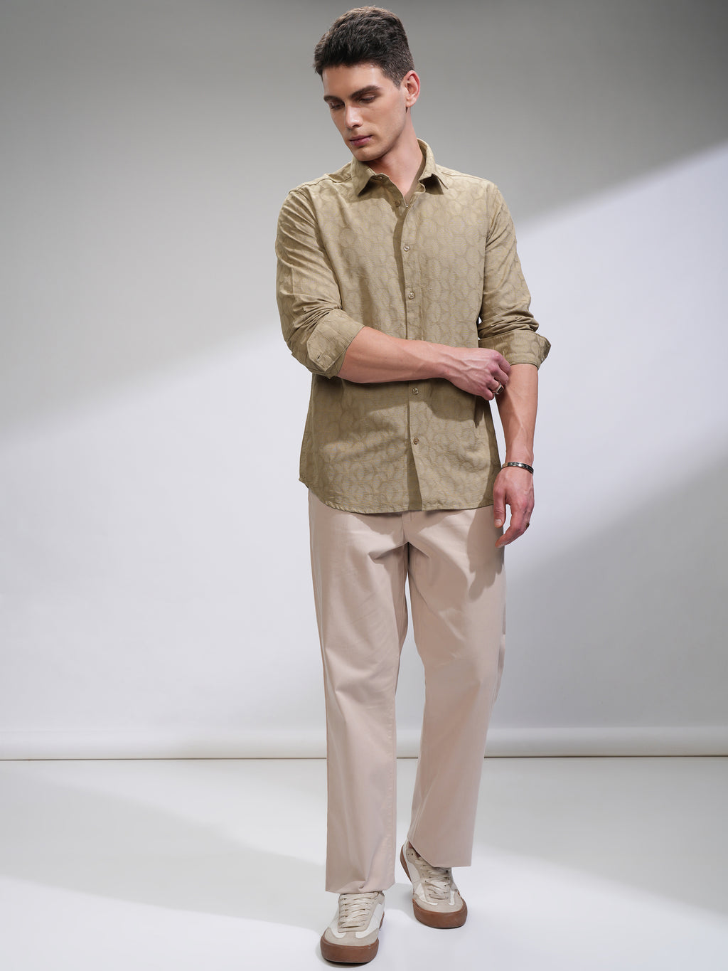 Highlander Men Beige Self Design Slim Fit Casual Shirt - Beige - Image 2