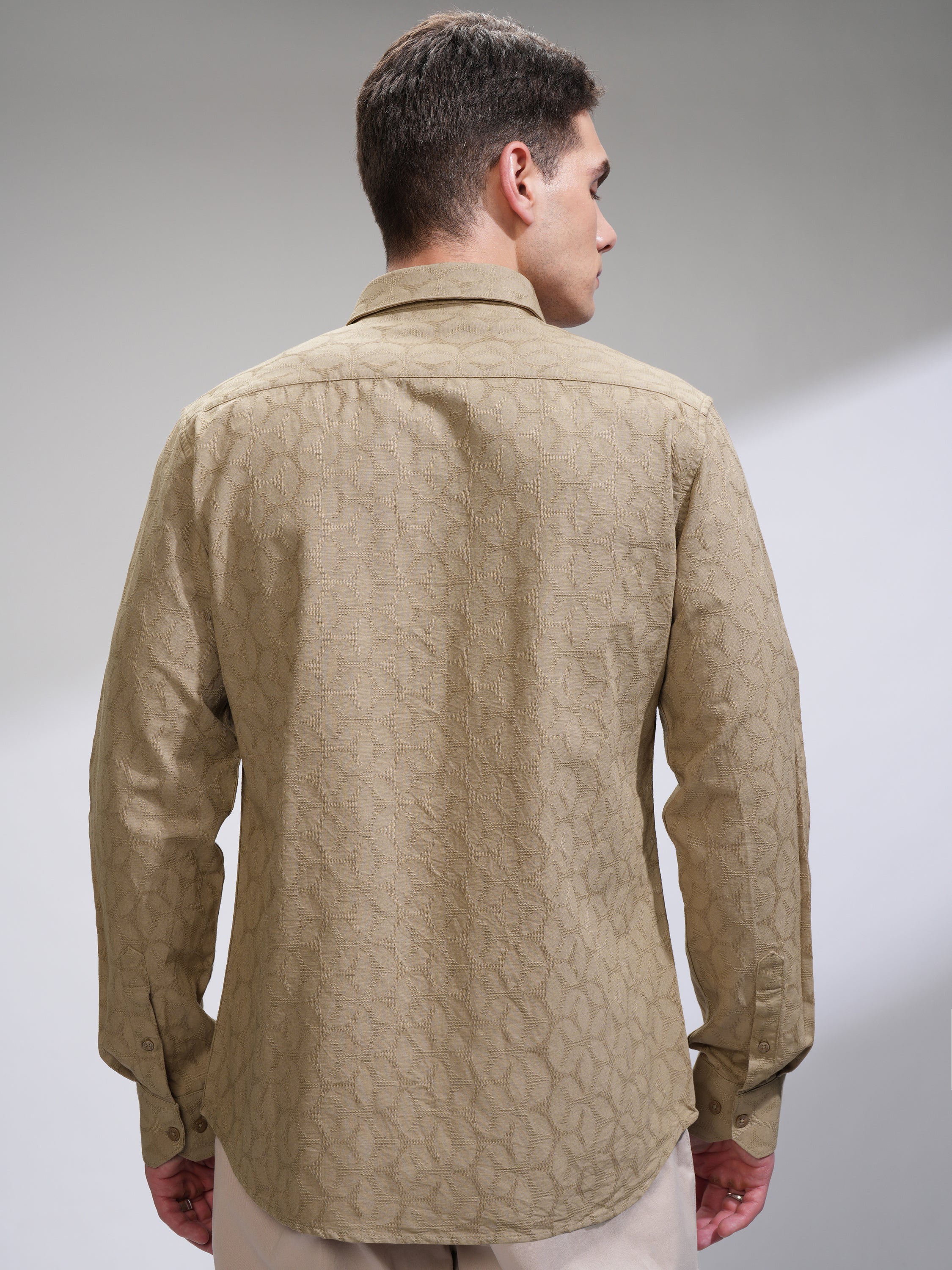 Highlander Men Beige Self Design Slim Fit Casual Shirt - Beige - Image 3